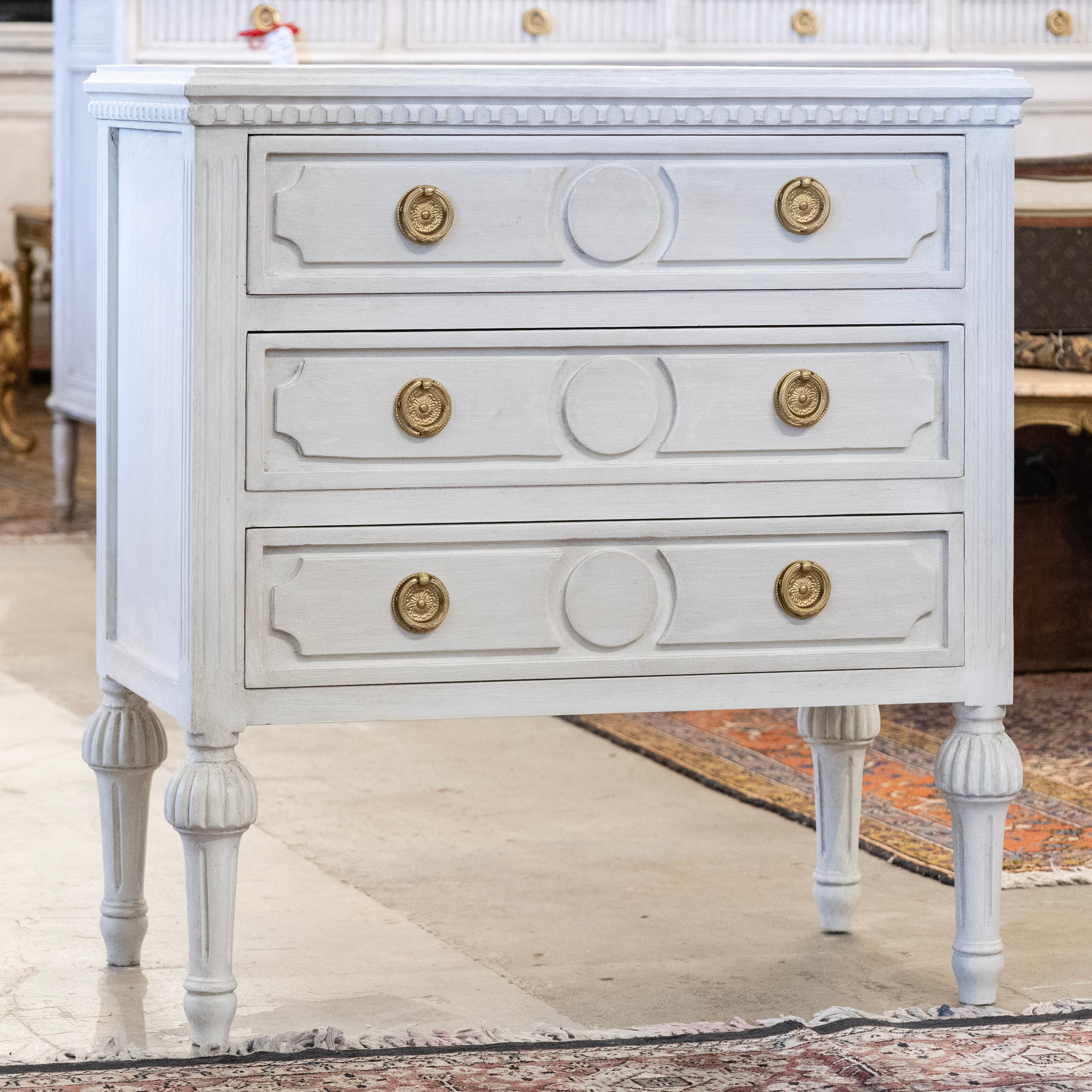 Swedish 3-Drawer Nightstand – Circle Trim & Brass Pulls in Antique White - Image 2