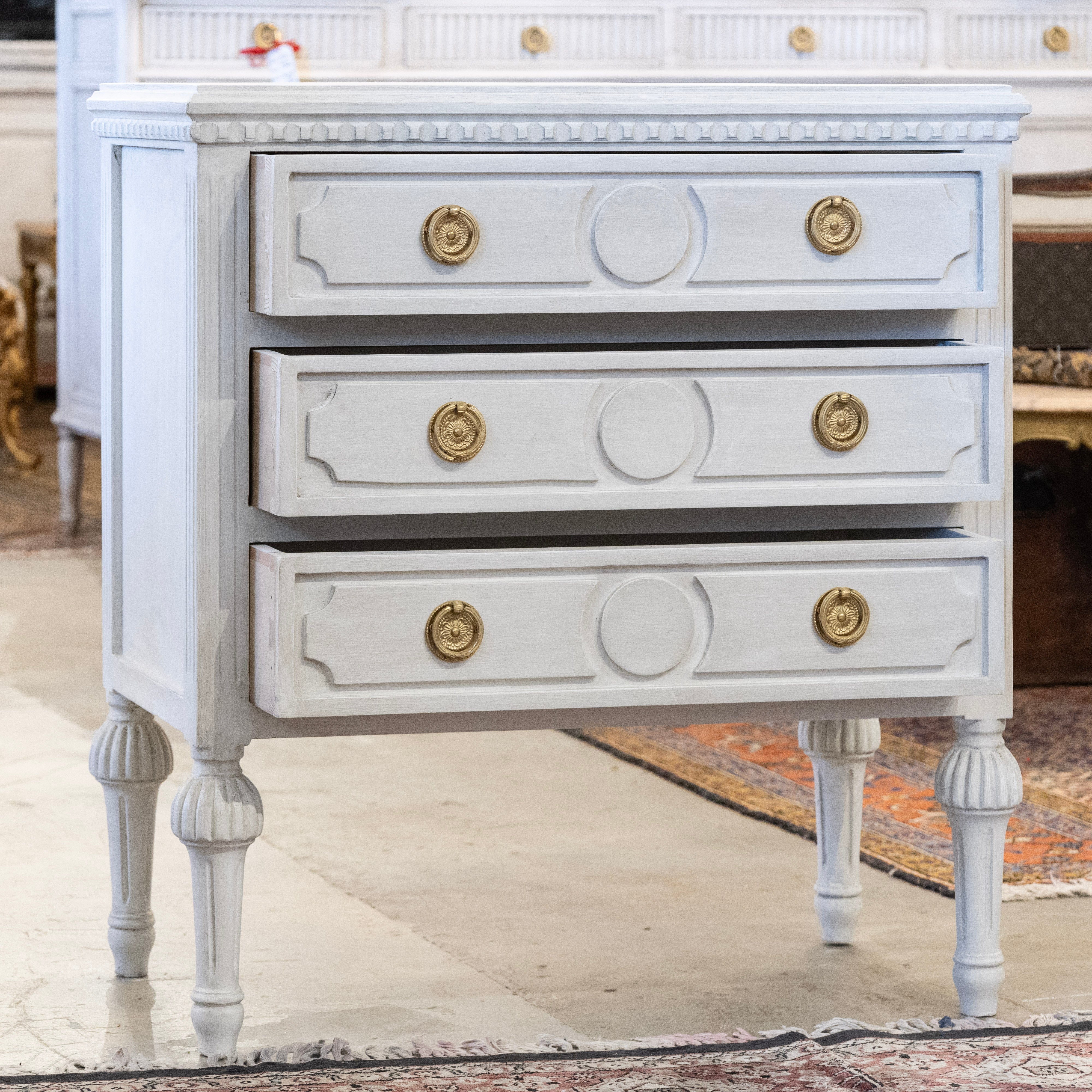 Swedish 3-Drawer Nightstand – Circle Trim & Brass Pulls in Antique White - Image 3