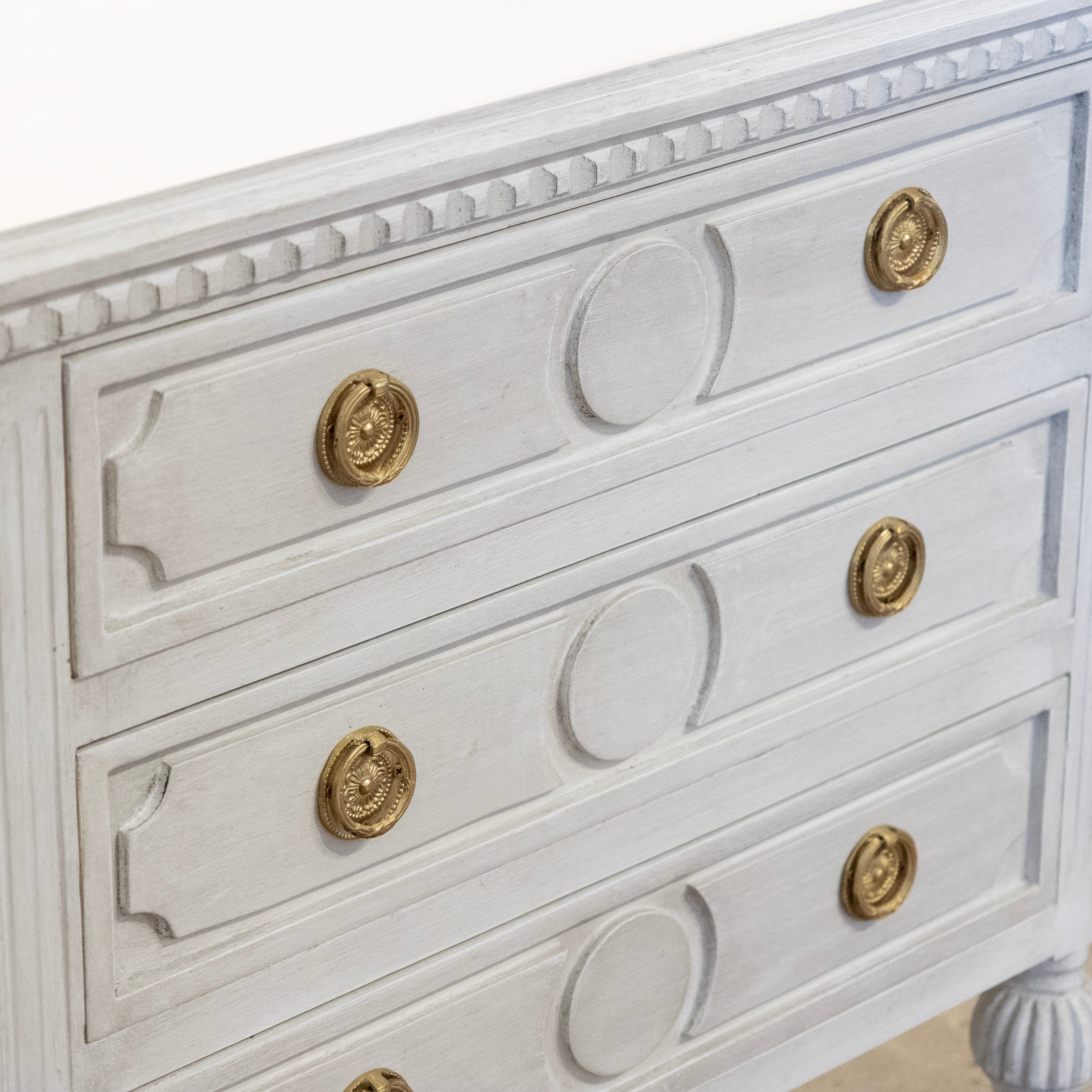 Swedish 3-Drawer Nightstand – Circle Trim & Brass Pulls in Antique White - Image 4