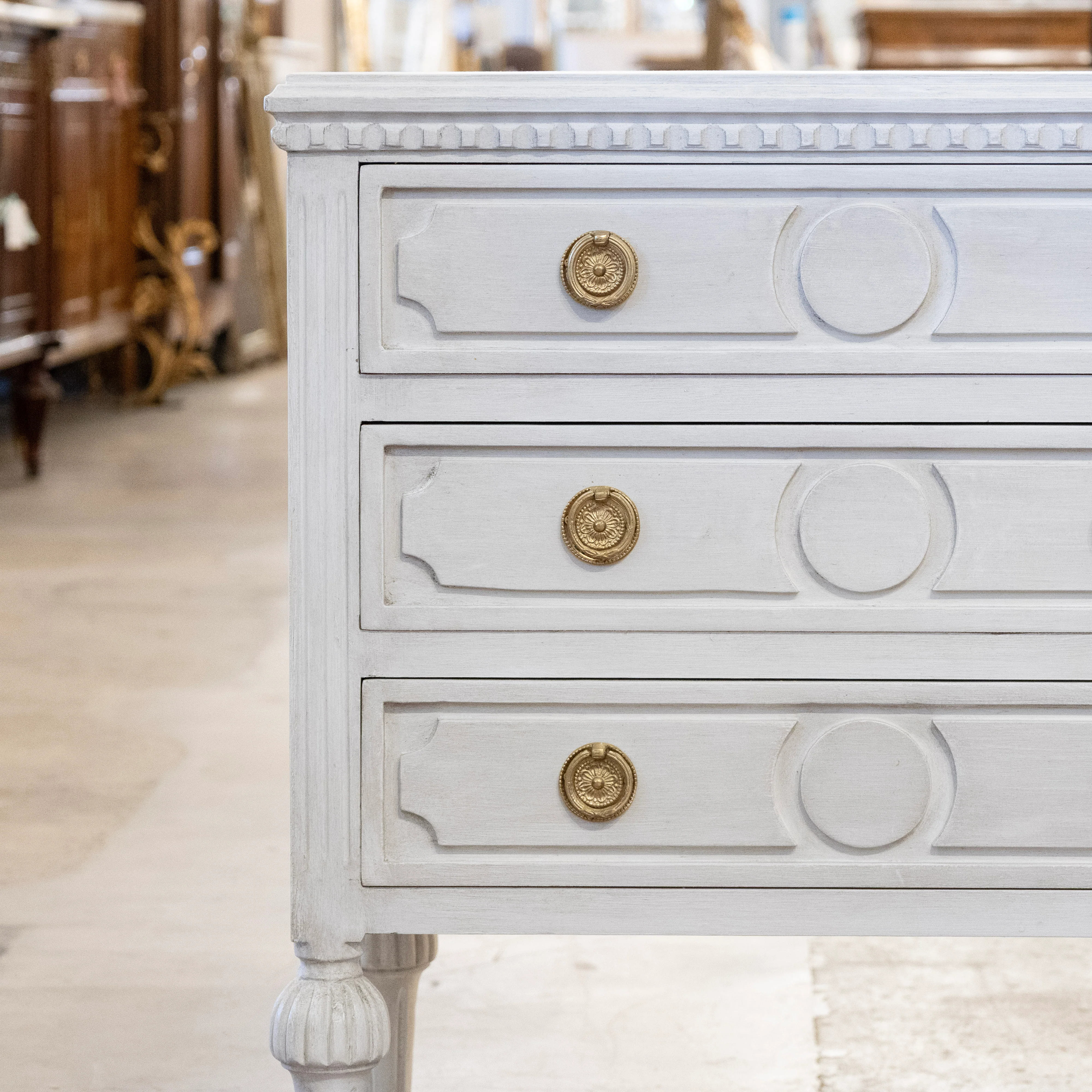 Swedish 3-Drawer Nightstand – Circle Trim & Brass Pulls in Antique White - Image 5