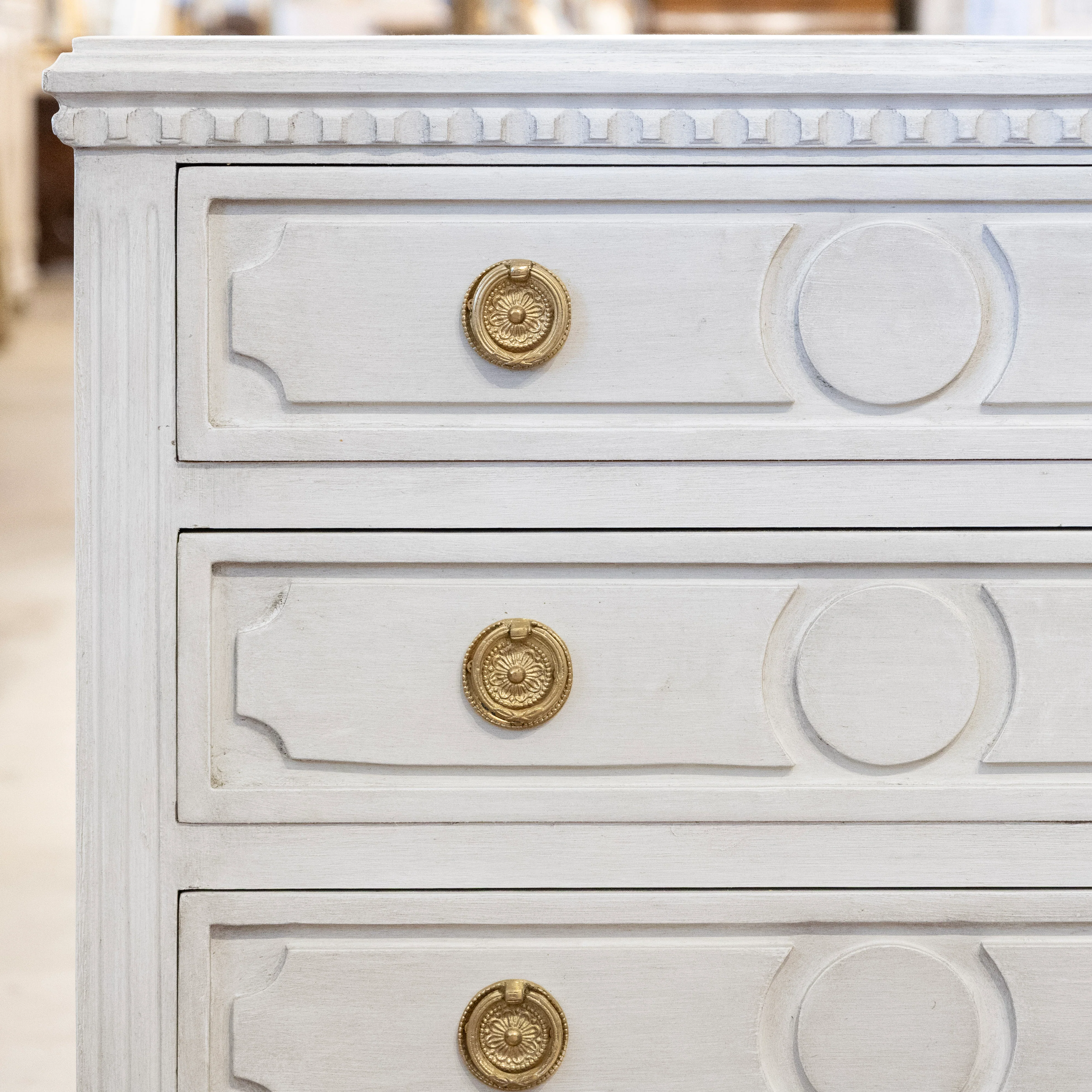 Swedish 3-Drawer Nightstand – Circle Trim & Brass Pulls in Antique White - Image 6