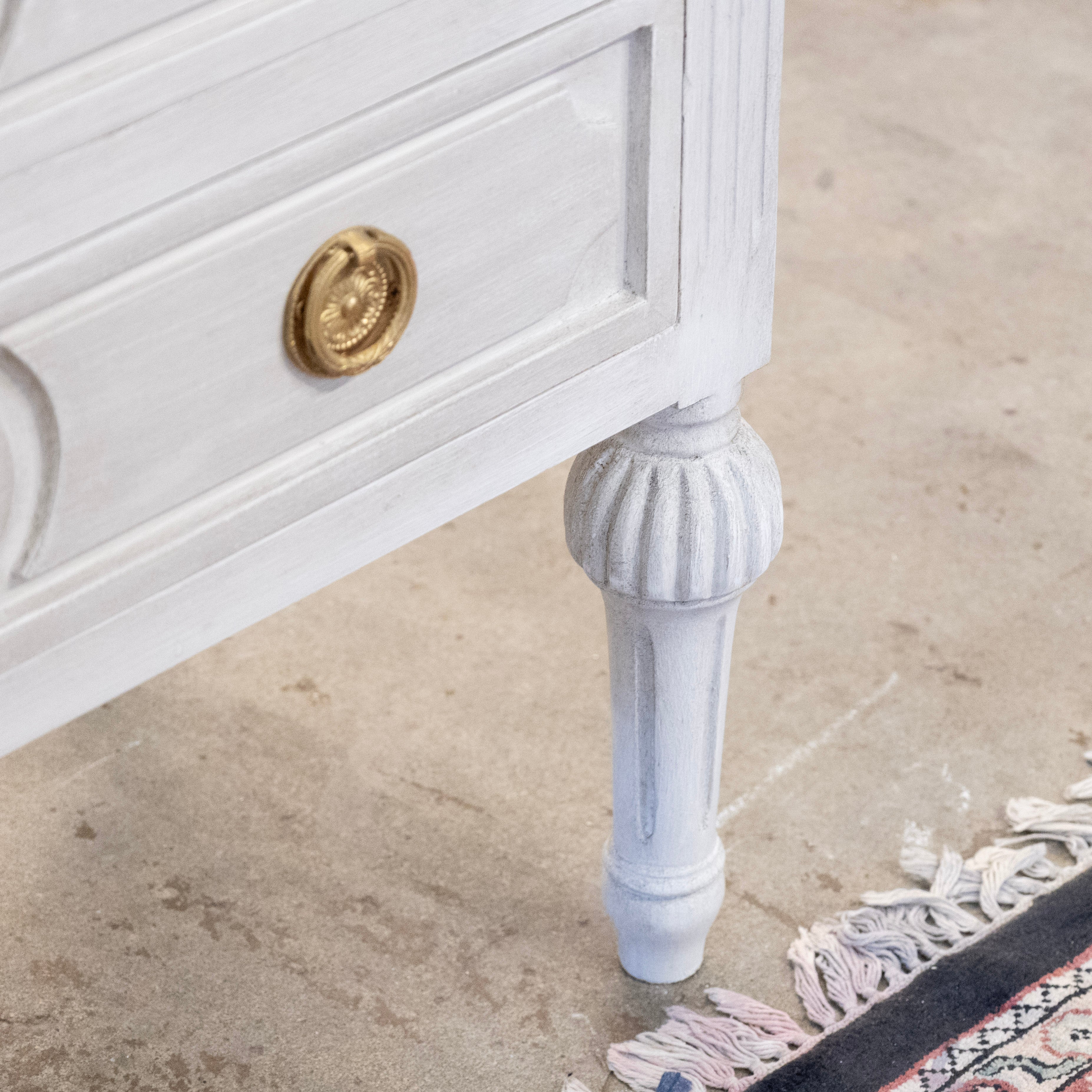 Swedish 3-Drawer Nightstand – Circle Trim & Brass Pulls in Antique White - Image 7