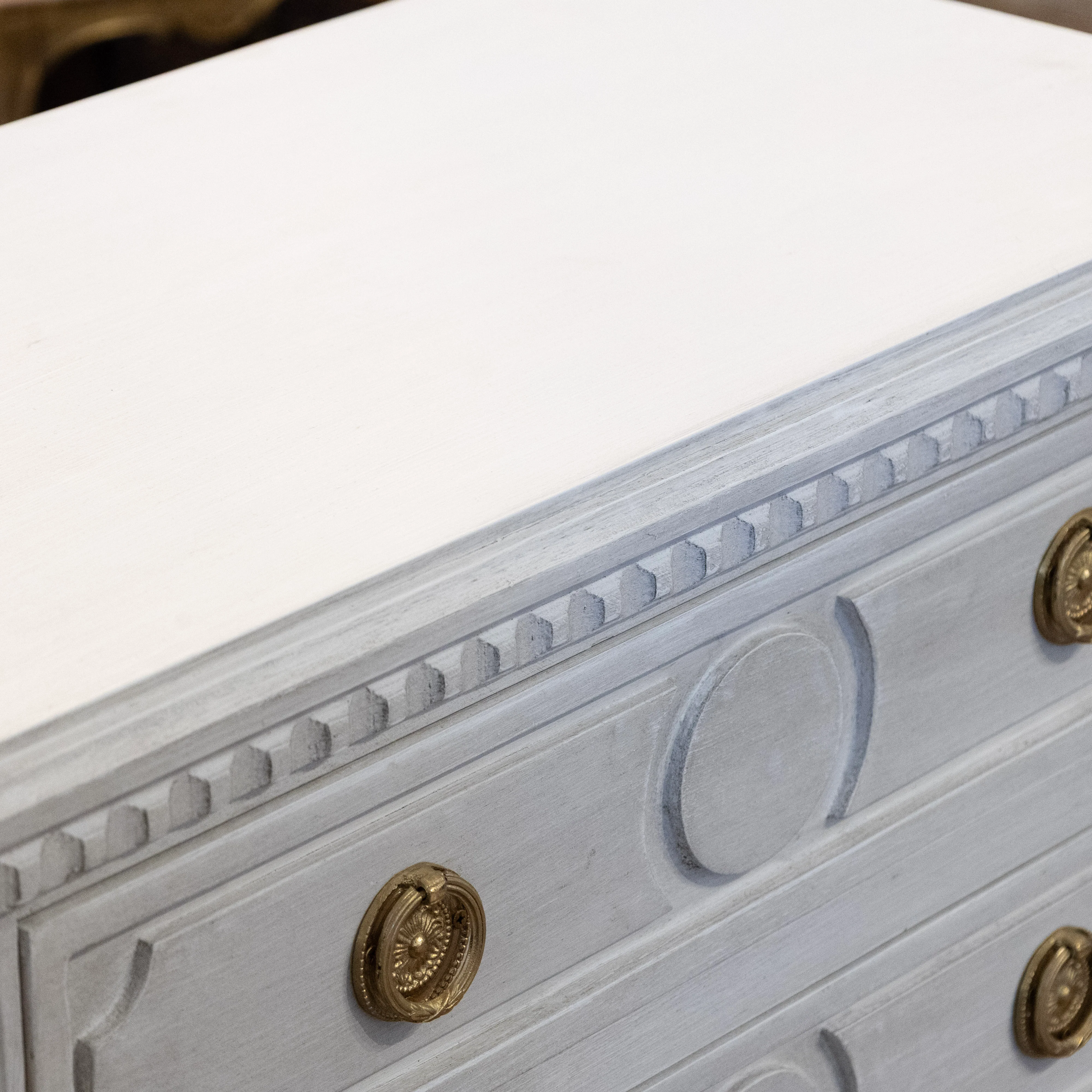 Swedish 3-Drawer Nightstand – Circle Trim & Brass Pulls in Antique White - Image 8