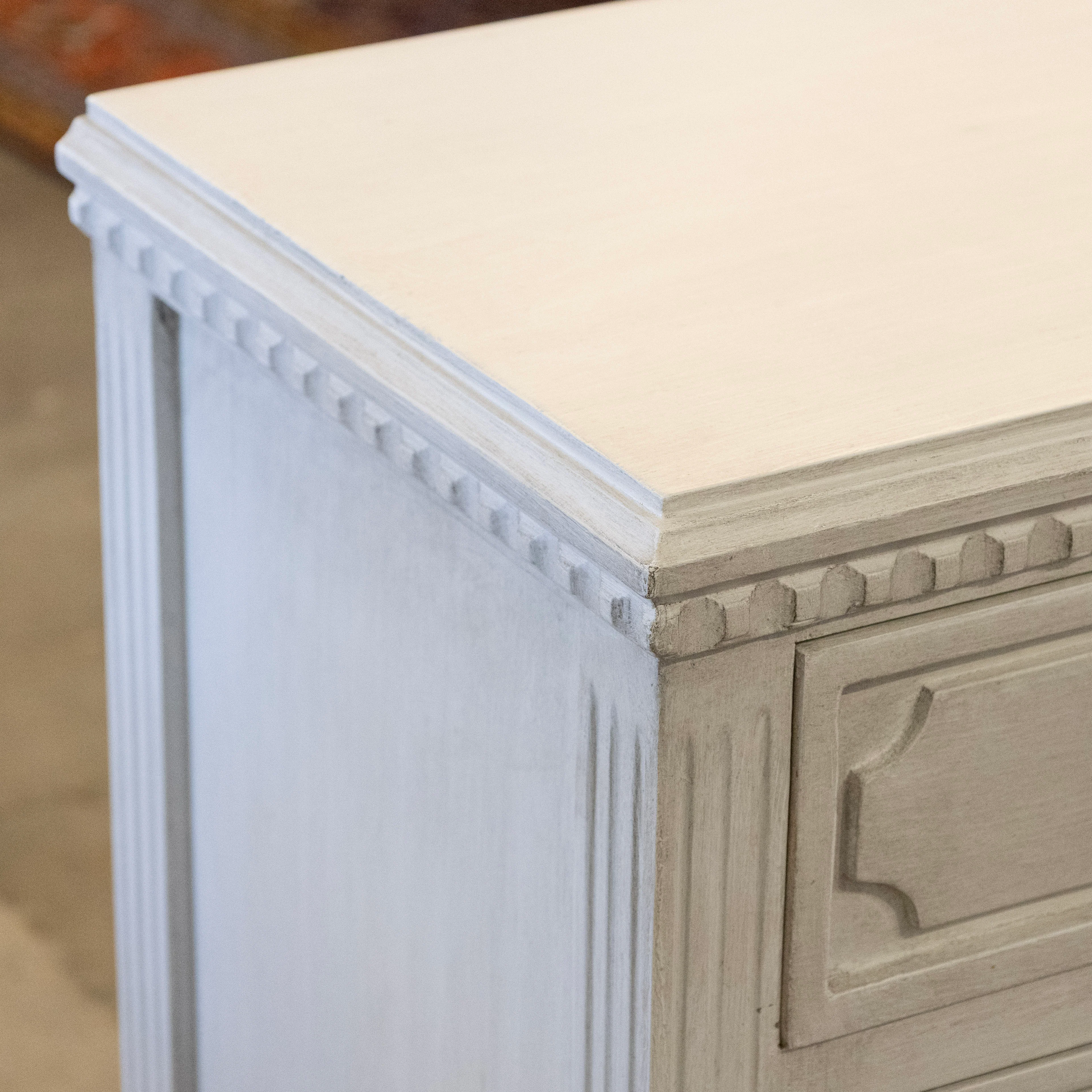 Swedish 3-Drawer Nightstand – Circle Trim & Brass Pulls in Antique White - Image 9