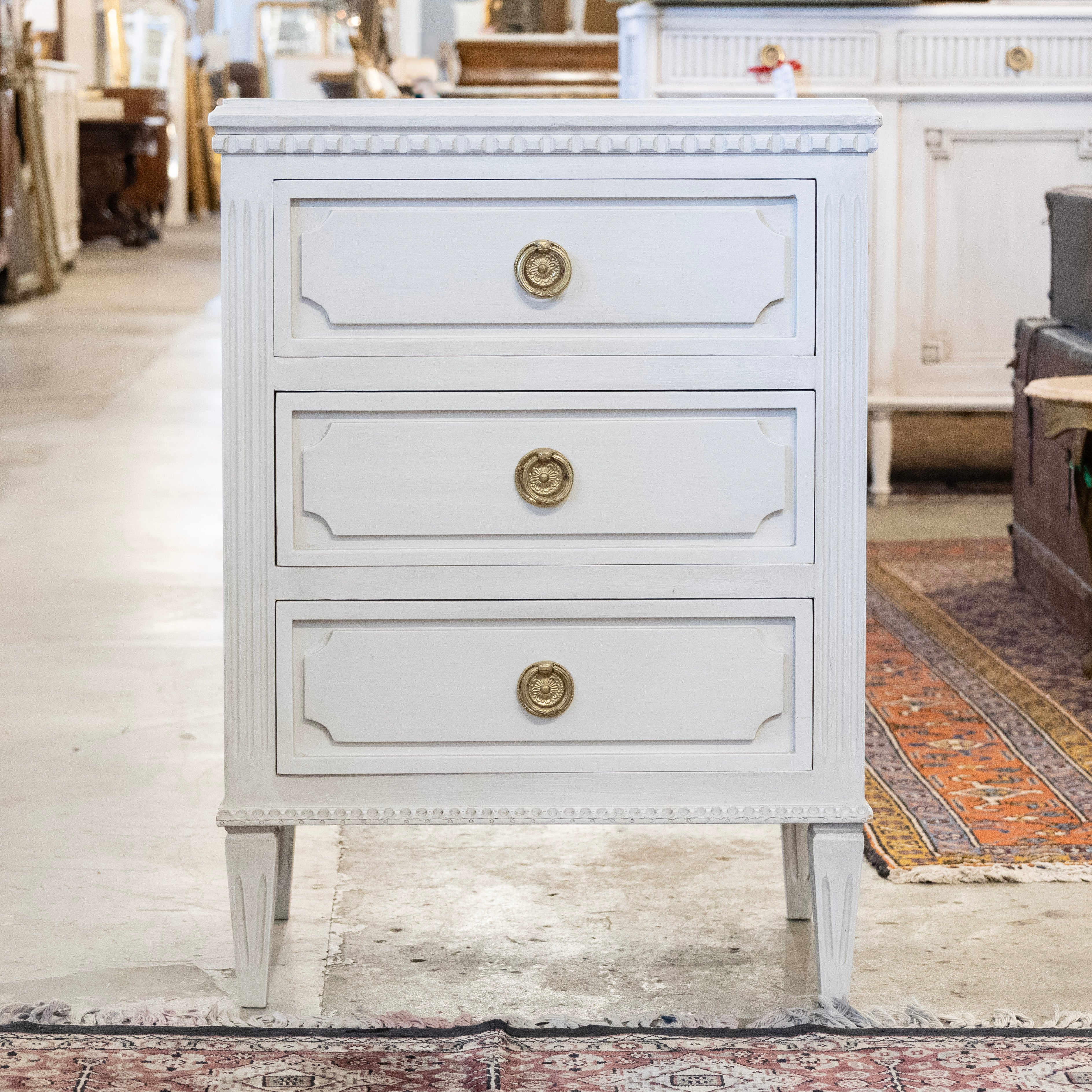 Swedish 3-Drawer Nightstand – Closed Block Trim & Brass Rosette Pulls in Dove White