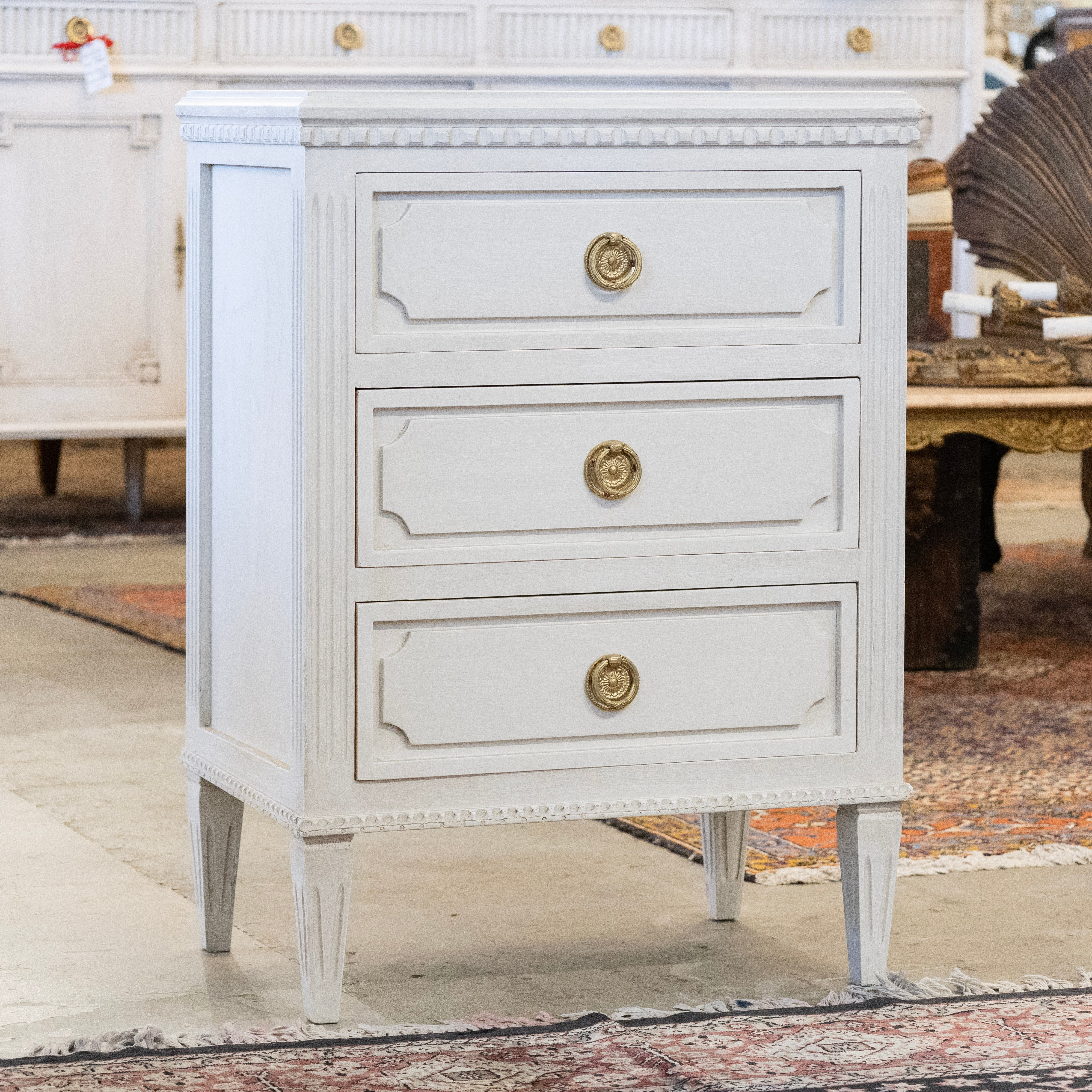 Swedish 3-Drawer Nightstand – Closed Block Trim & Brass Rosette Pulls in Dove White - Image 2