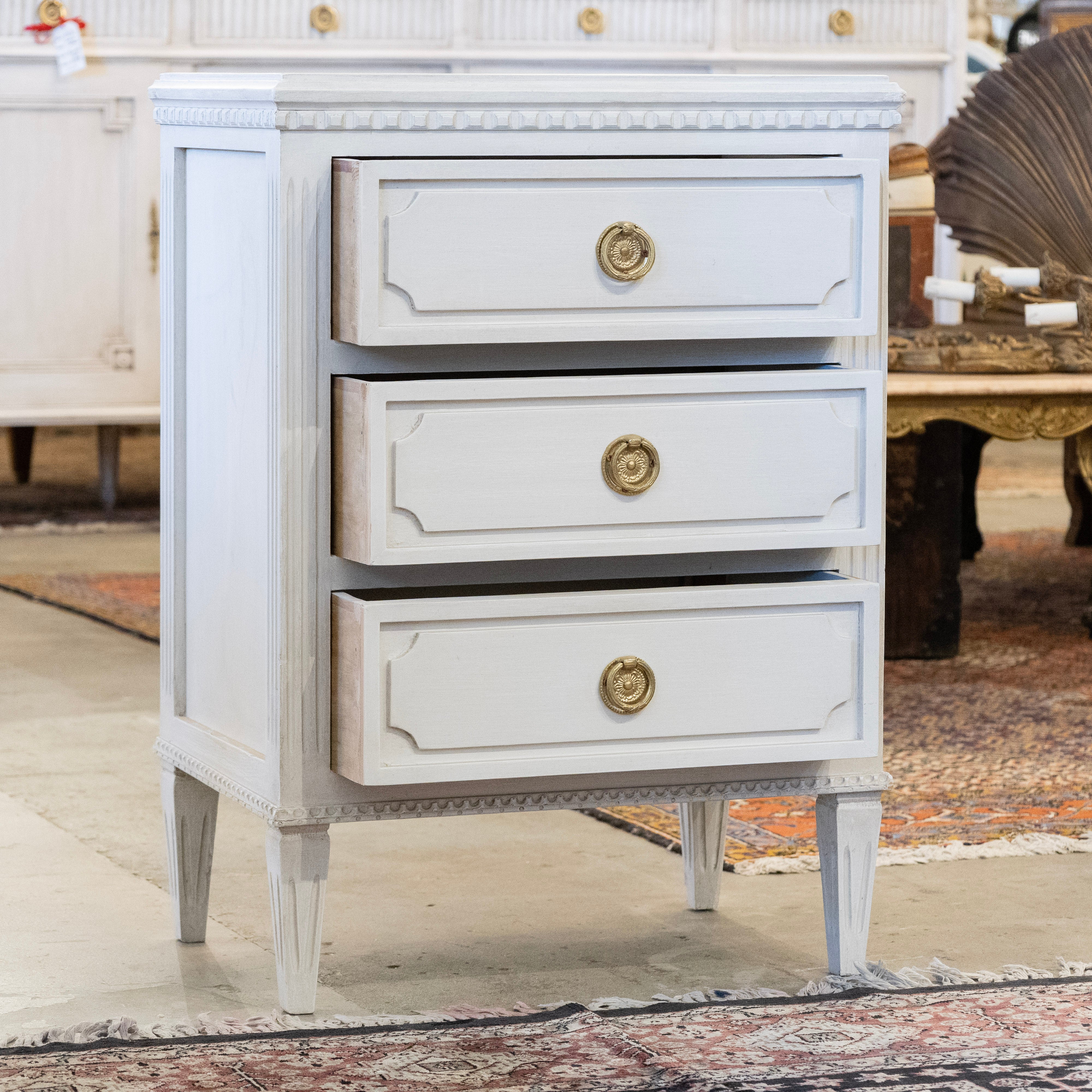 Swedish 3-Drawer Nightstand – Closed Block Trim & Brass Rosette Pulls in Dove White - Image 3
