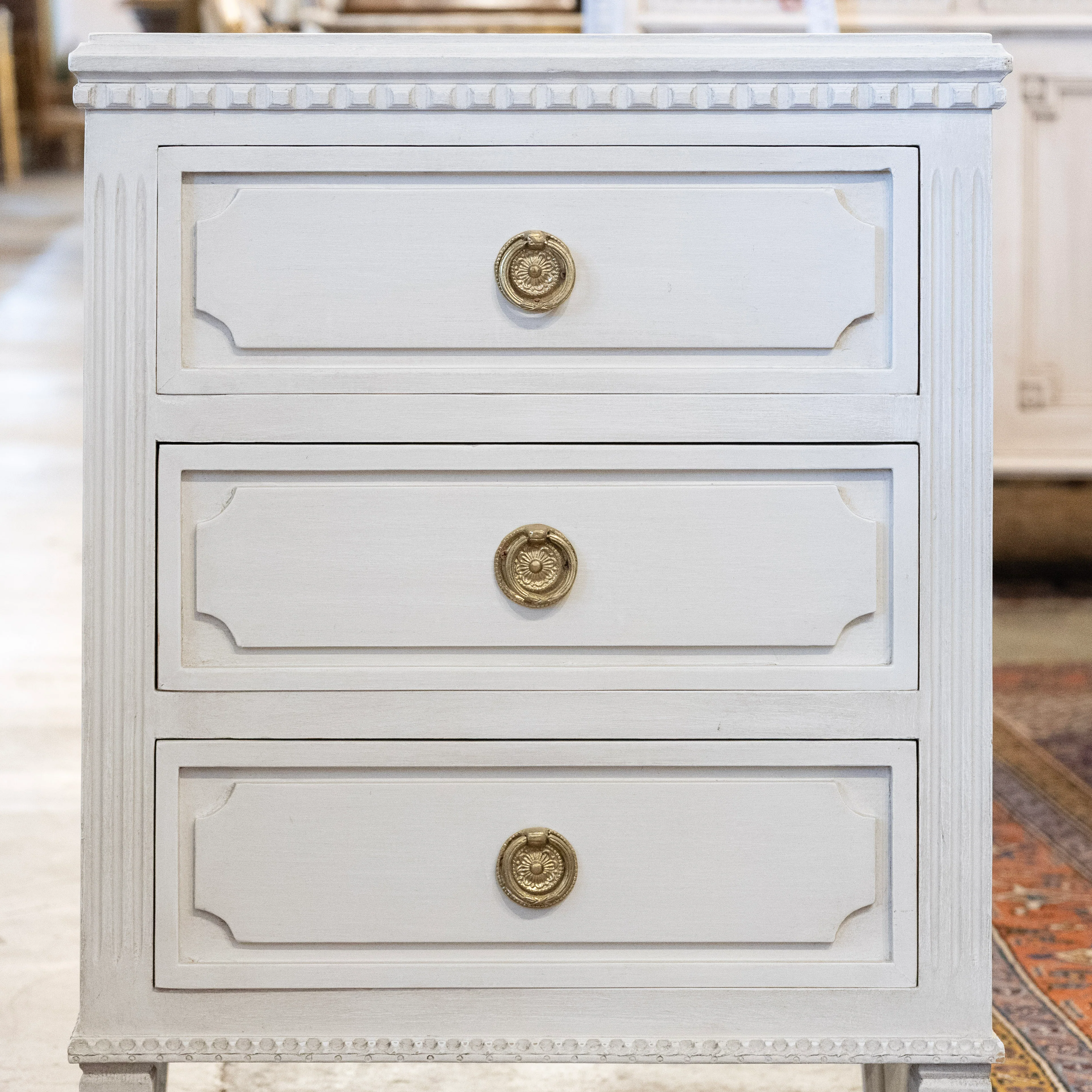 Swedish 3-Drawer Nightstand – Closed Block Trim & Brass Rosette Pulls in Dove White - Image 4