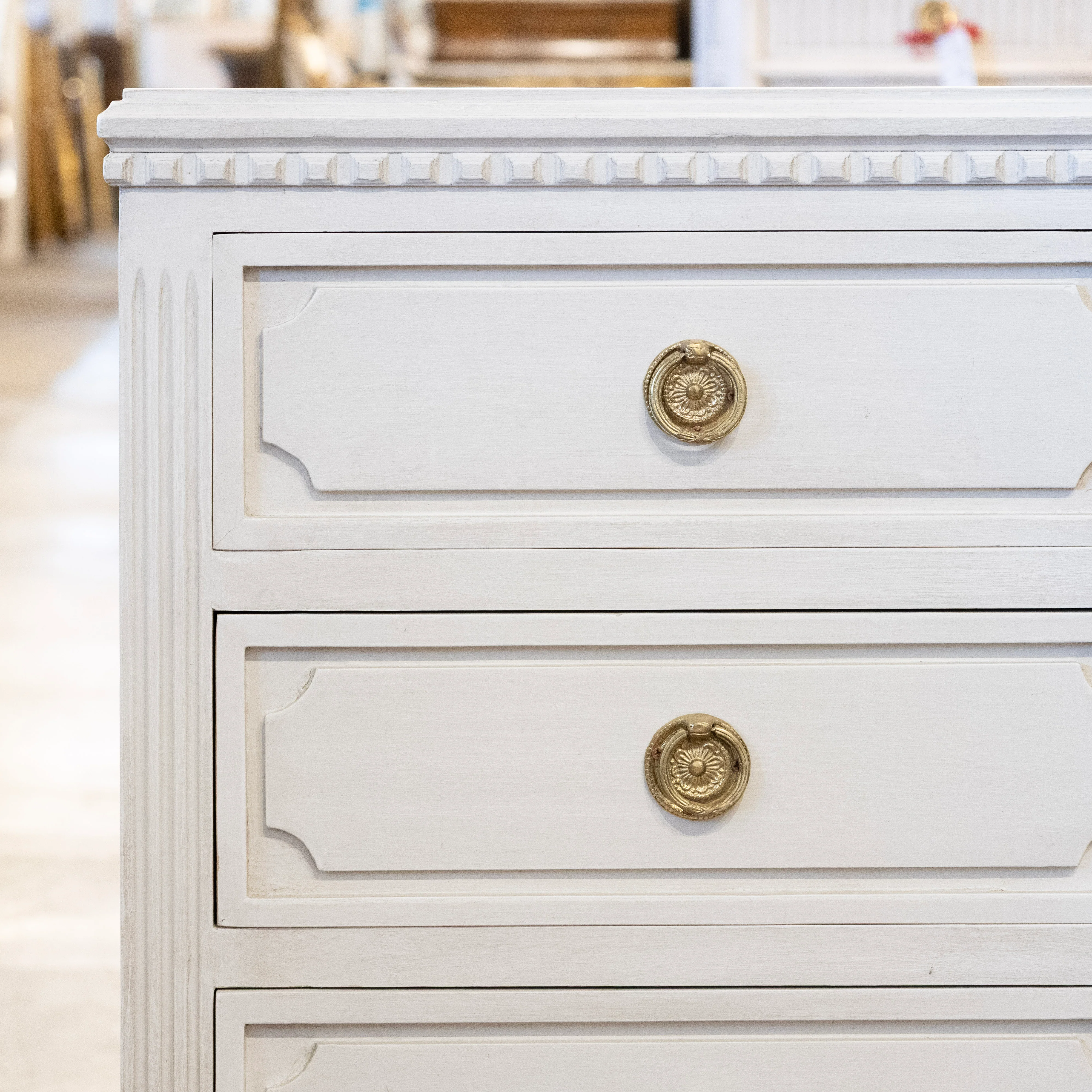 Swedish 3-Drawer Nightstand – Closed Block Trim & Brass Rosette Pulls in Dove White - Image 5