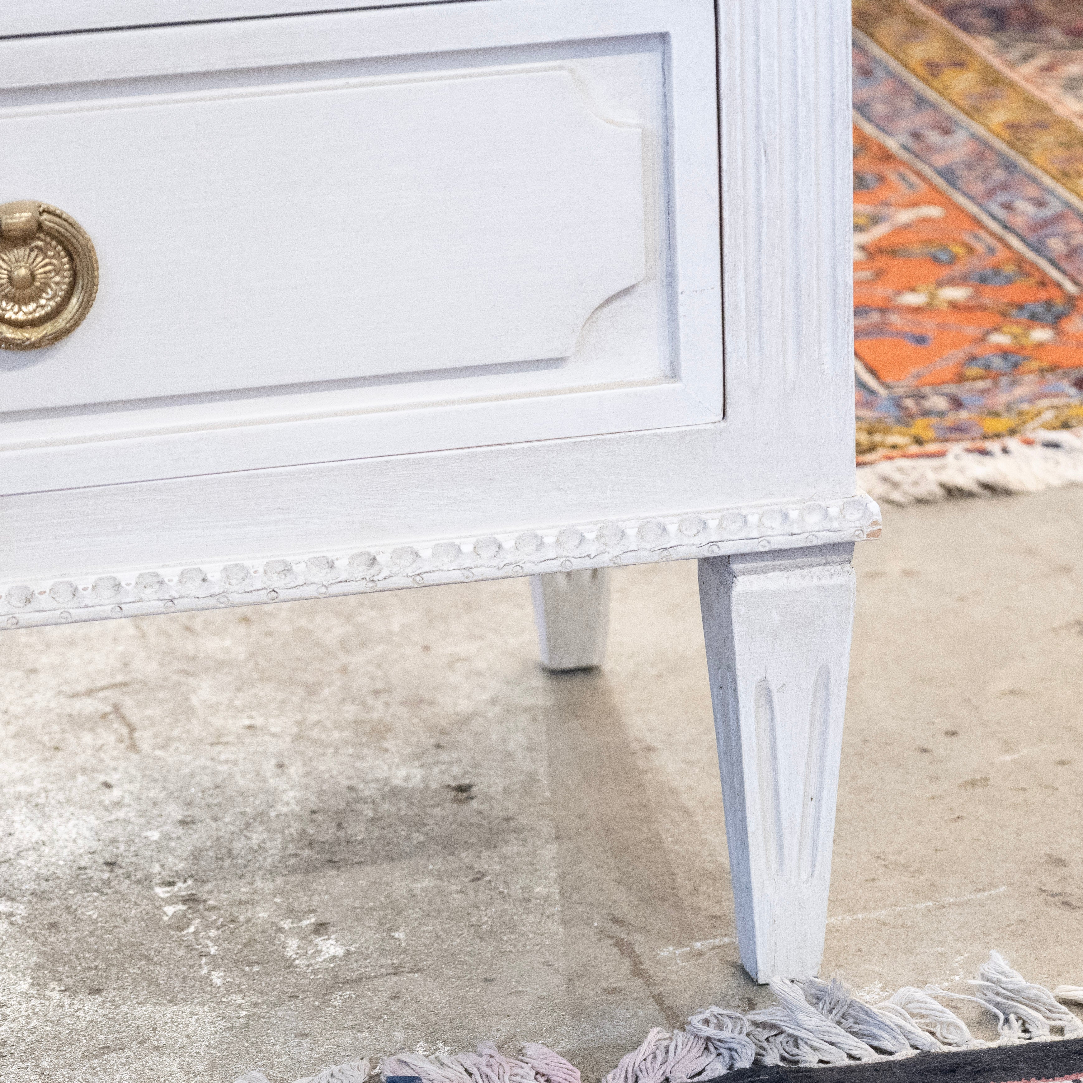 Swedish 3-Drawer Nightstand – Closed Block Trim & Brass Rosette Pulls in Dove White - Image 6