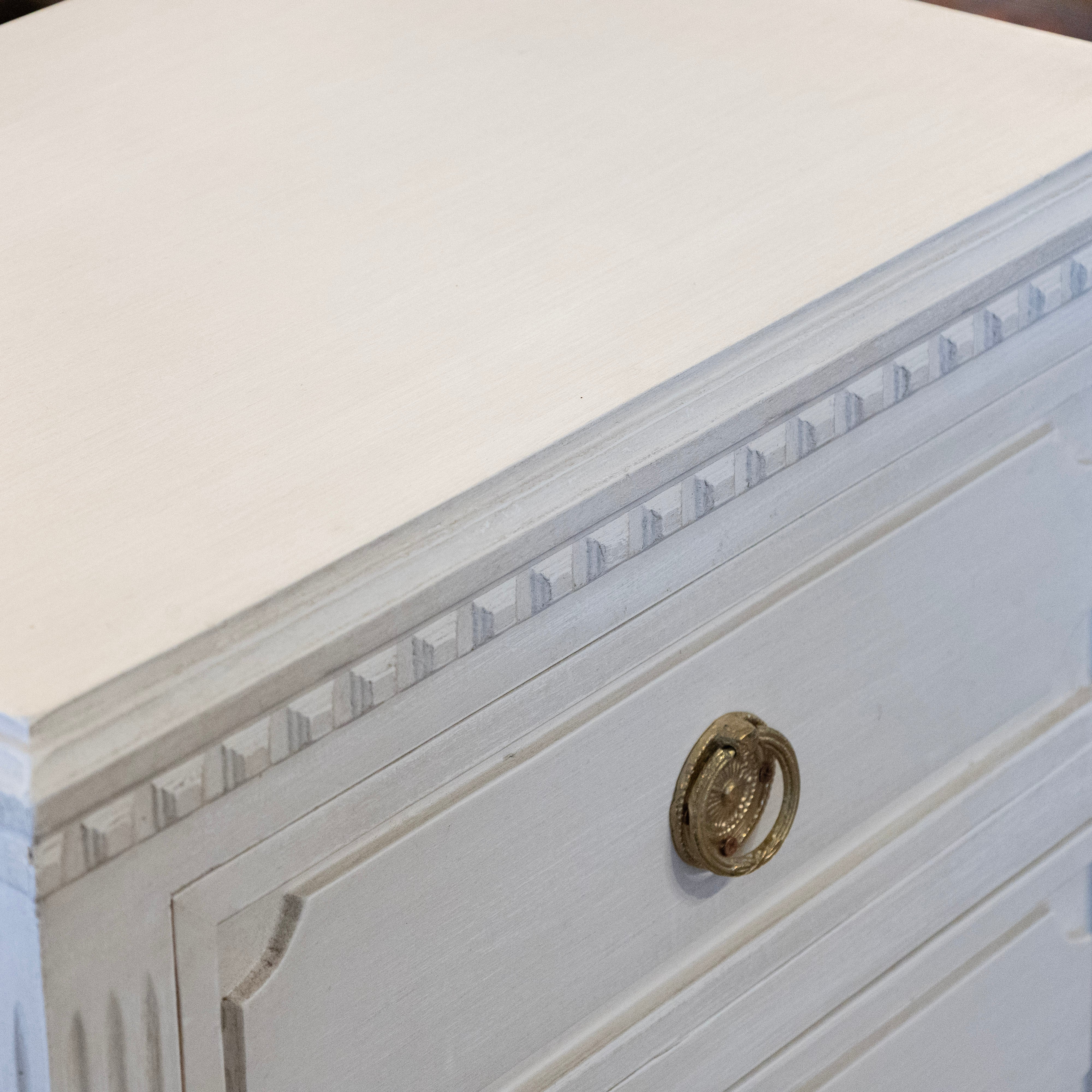 Swedish 3-Drawer Nightstand – Closed Block Trim & Brass Rosette Pulls in Dove White - Image 7