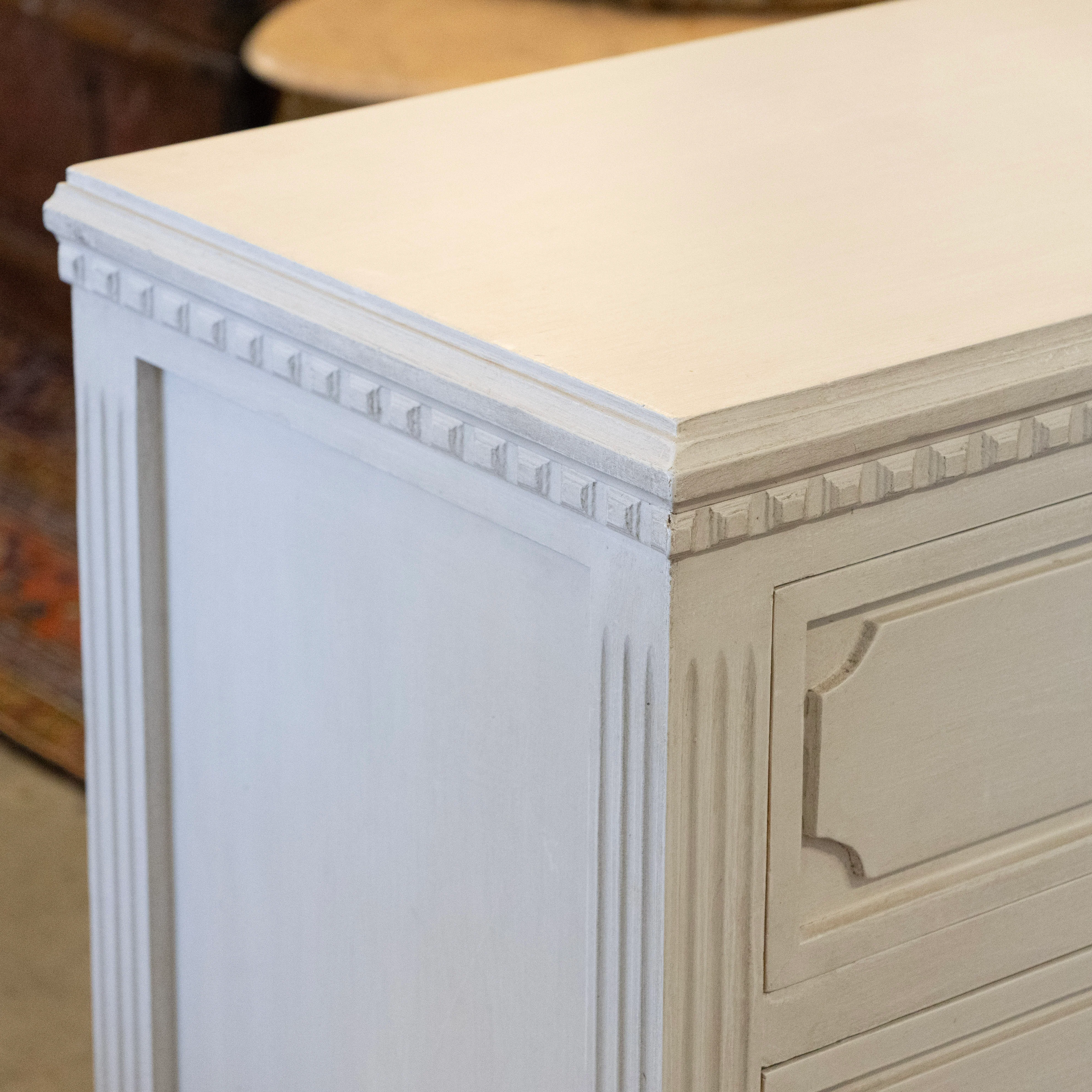 Swedish 3-Drawer Nightstand – Closed Block Trim & Brass Rosette Pulls in Dove White - Image 8