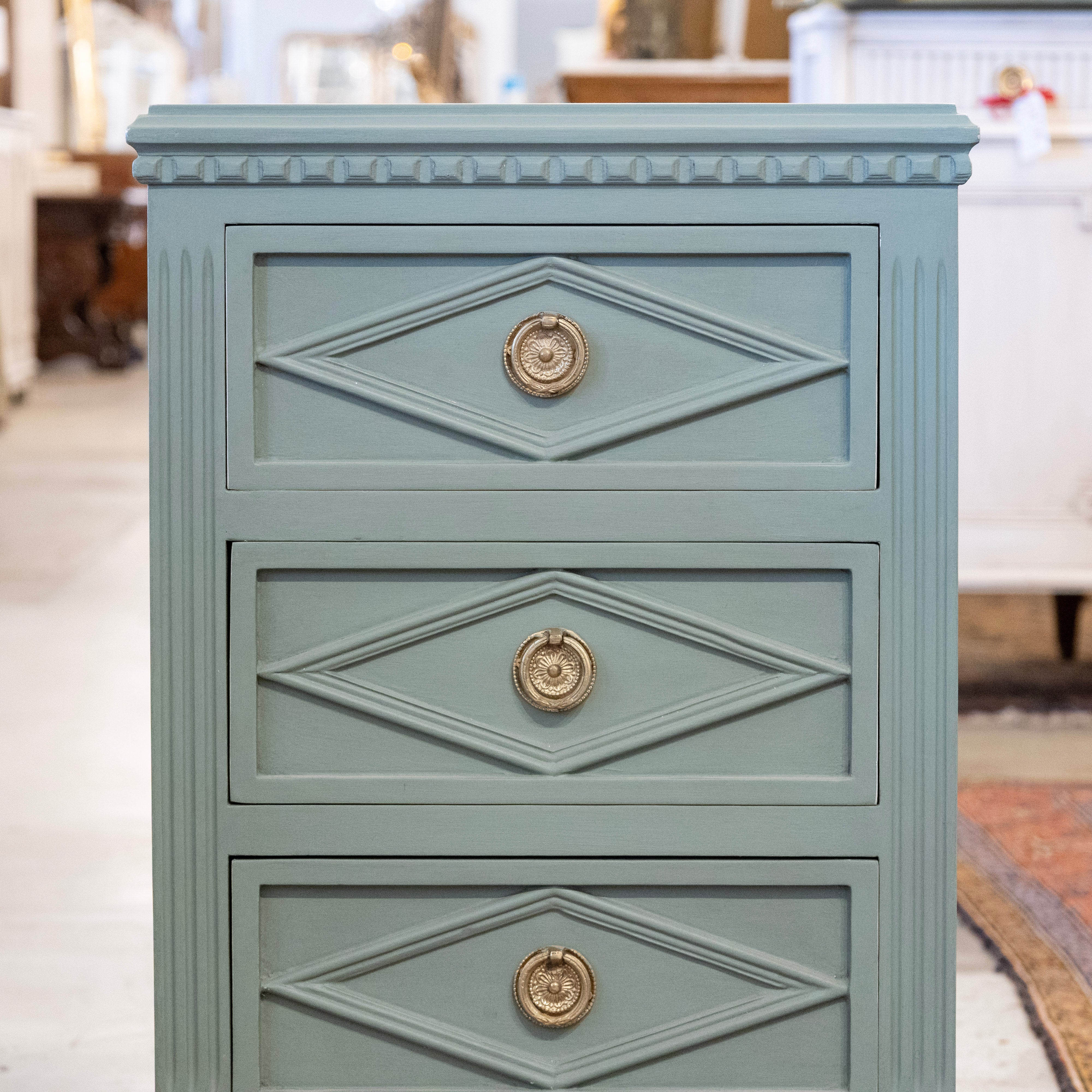 Swedish 3-Drawer Nightstand – Diamond Trim & Brass Pulls in Green - Image 3