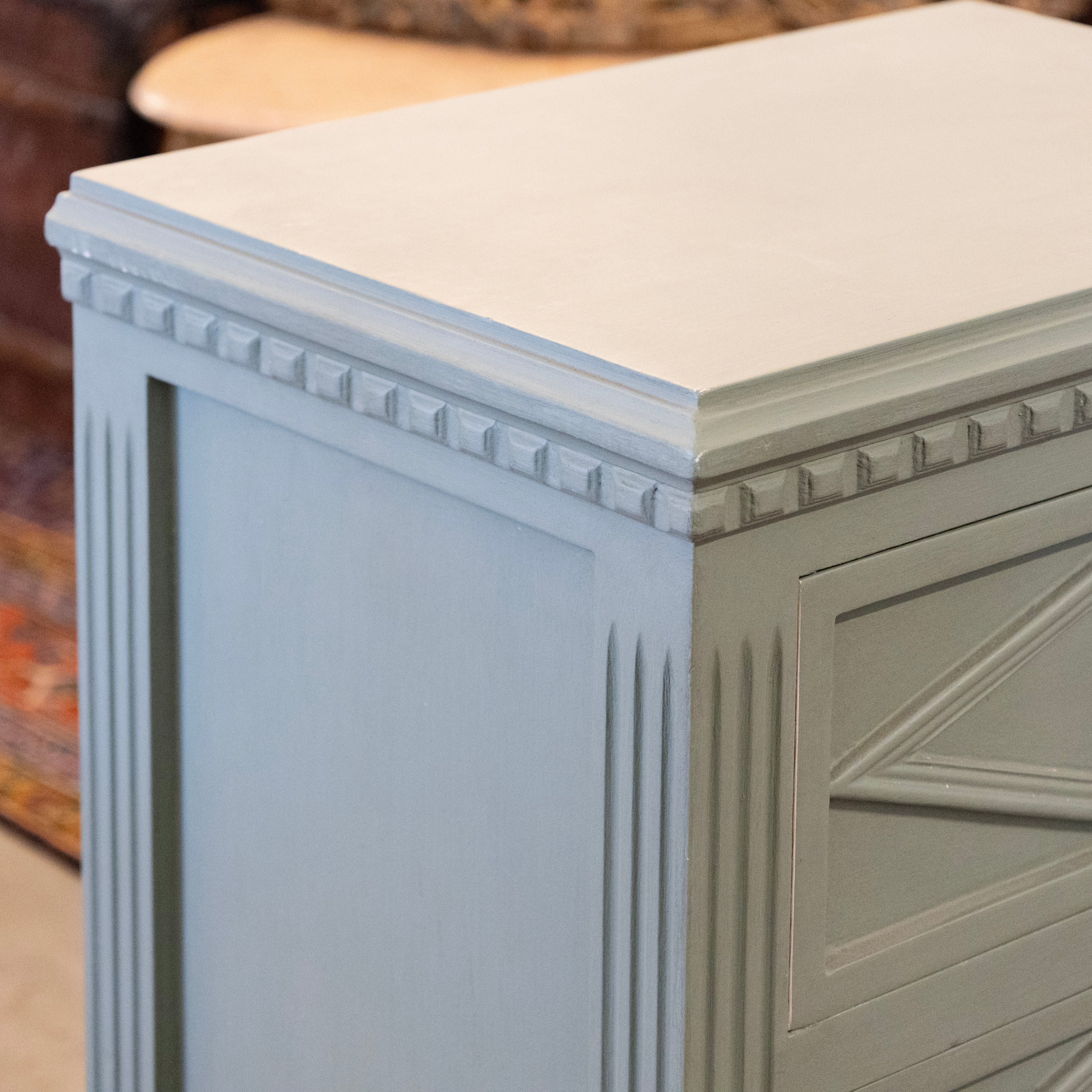 Swedish 3-Drawer Nightstand – Diamond Trim & Brass Pulls in Green - Image 6