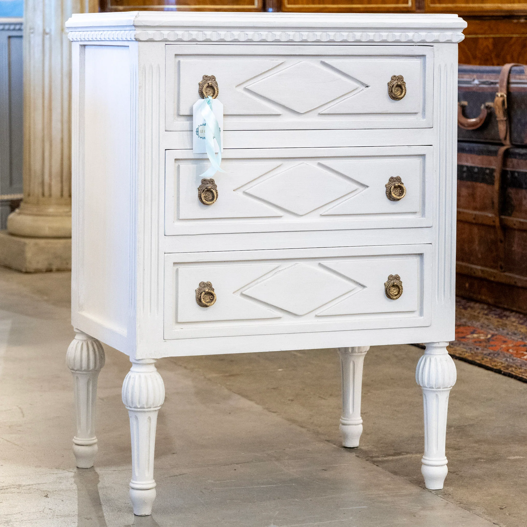 Swedish 3-Drawer Nightstand – Diamond Trim & Fluted Ballerina Legs in White - Image 2
