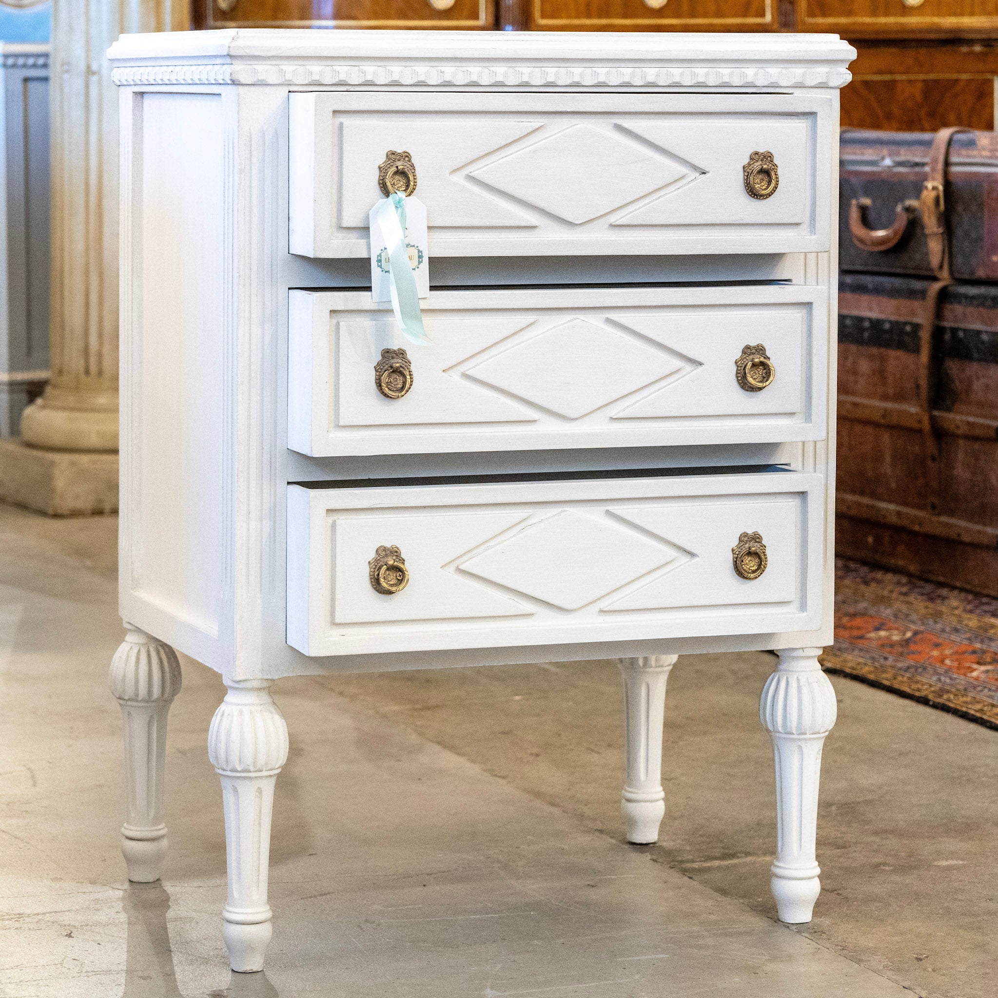 Swedish 3-Drawer Nightstand – Diamond Trim & Fluted Ballerina Legs in White - Image 3