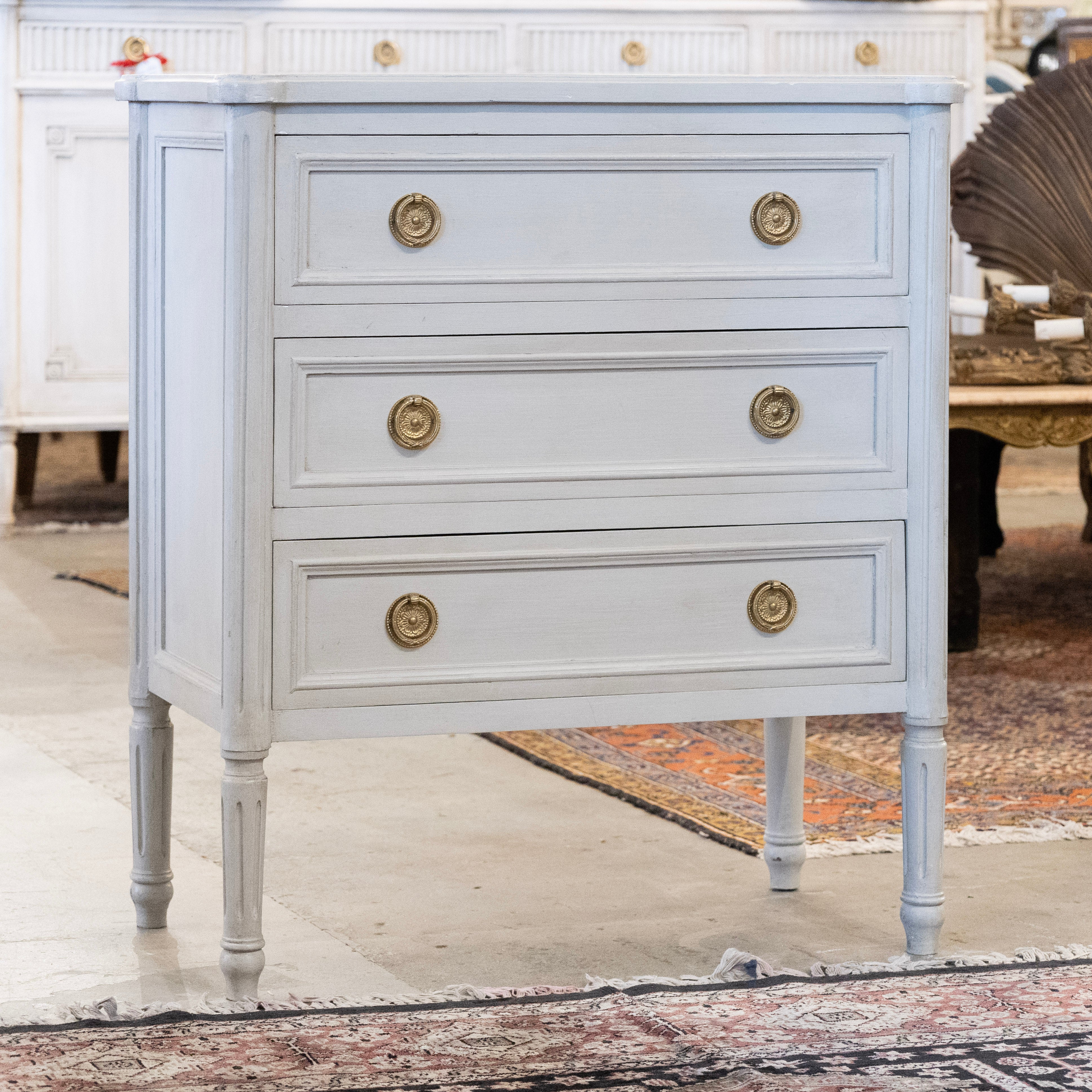 Swedish 3-Drawer Nightstand – Fluted Trim & Drawers in French Grey - Image 2