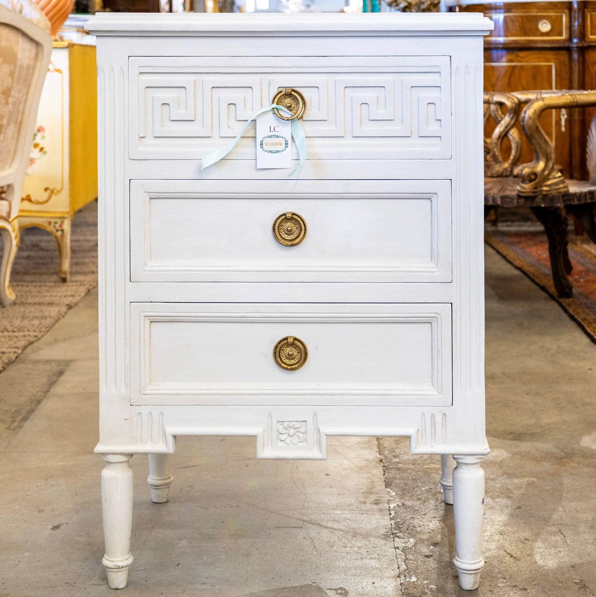 Swedish 3-Drawer Nightstand – Greek Key Trim & Rounded Legs in White