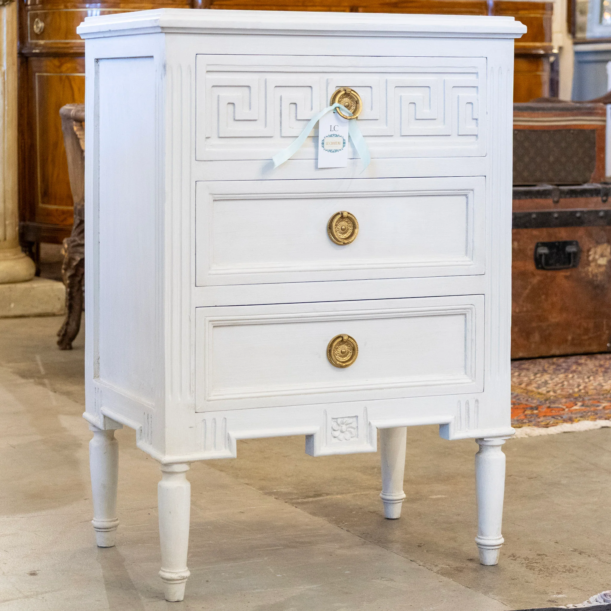 Swedish 3-Drawer Nightstand – Greek Key Trim & Rounded Legs in White - Image 2