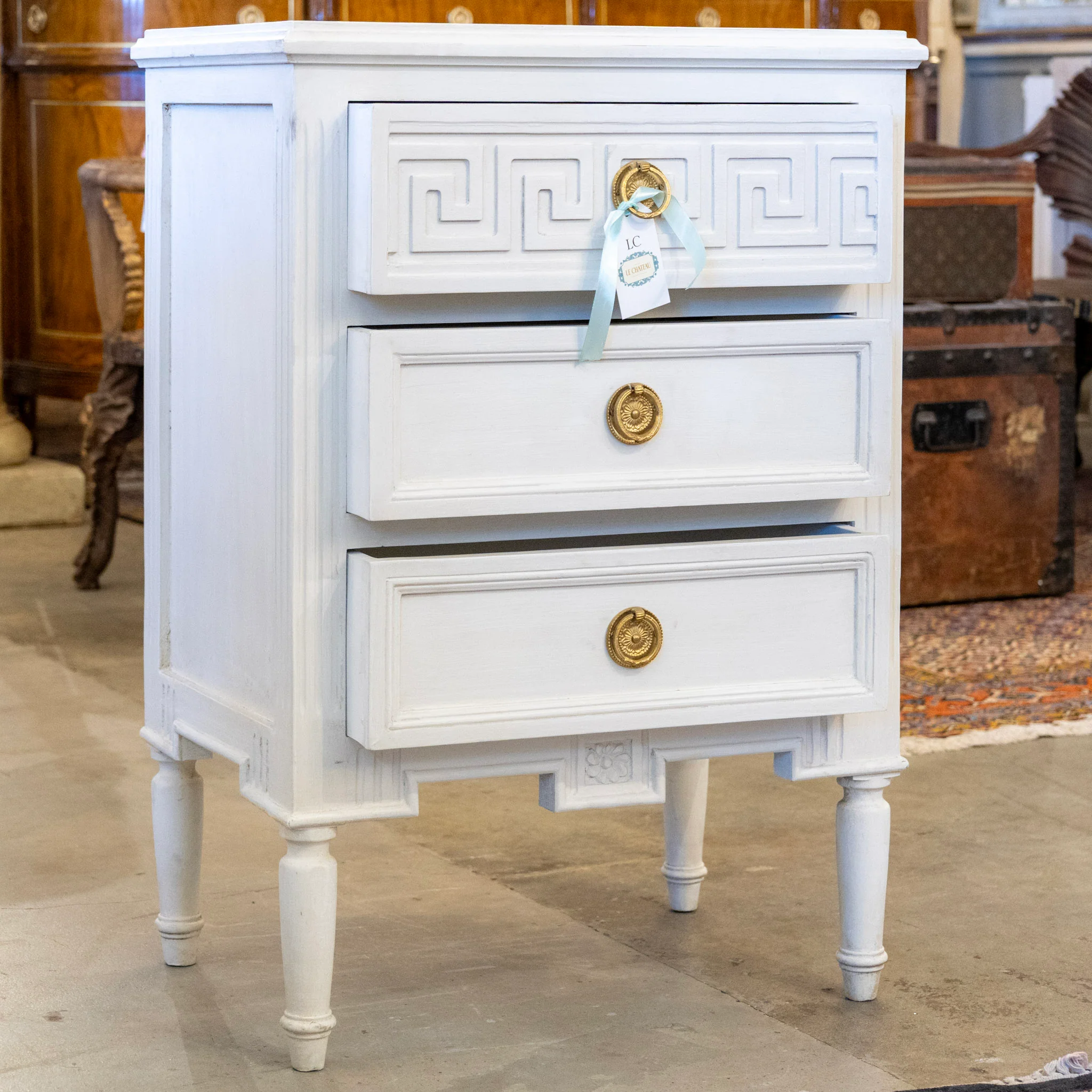 Swedish 3-Drawer Nightstand – Greek Key Trim & Rounded Legs in White - Image 3