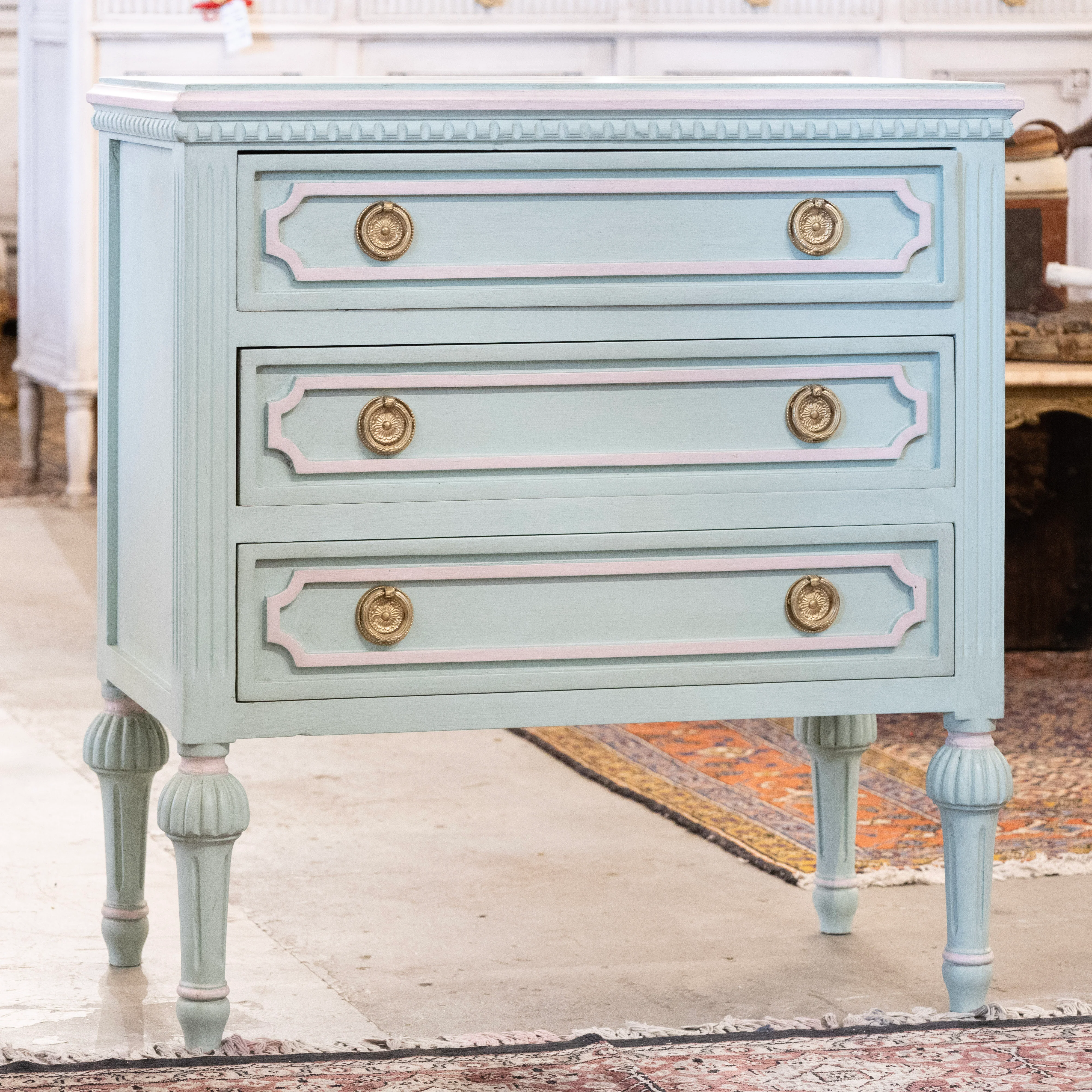Swedish 3-Drawer Nightstand – Green with Pink Trim & Ballerina Legs - Image 2