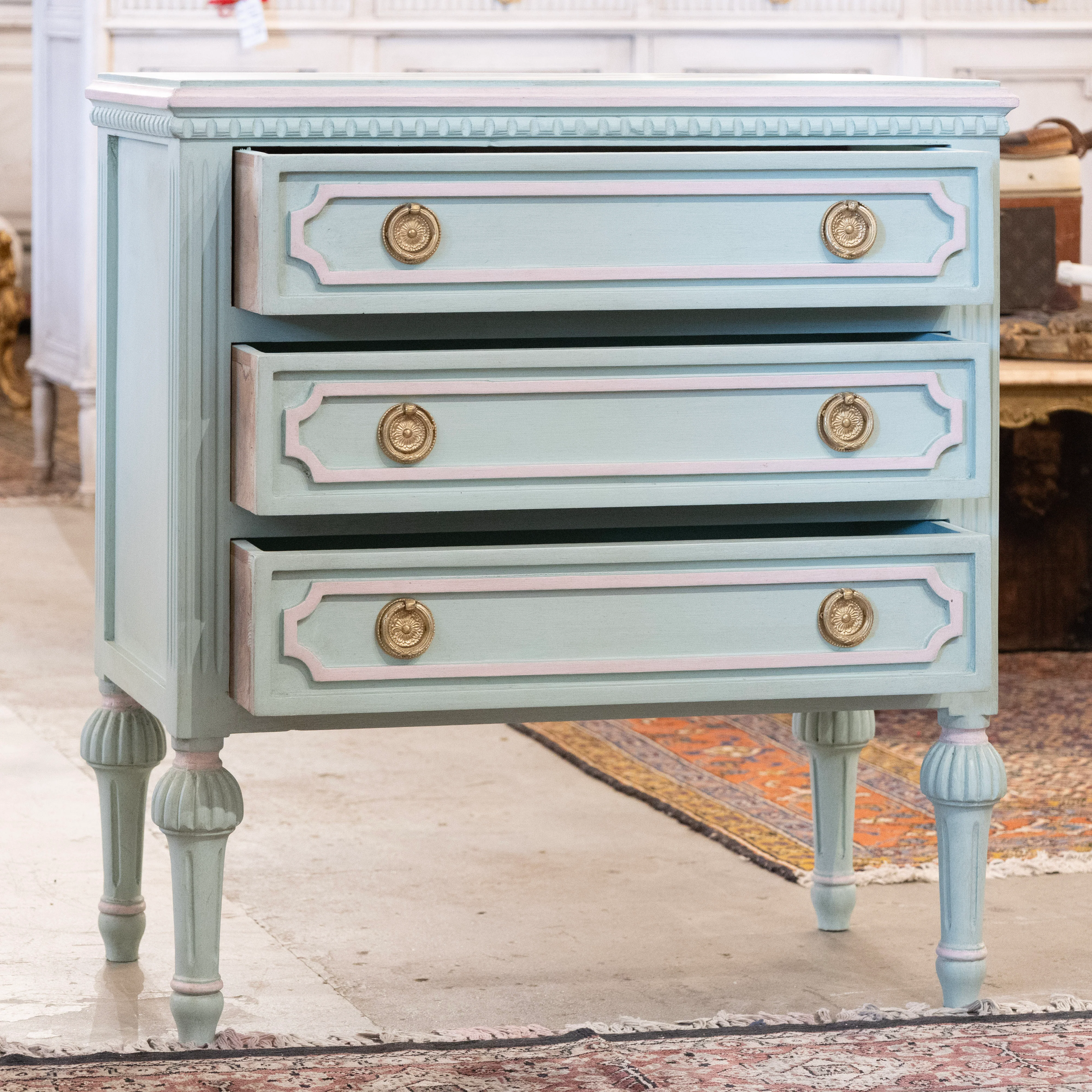 Swedish 3-Drawer Nightstand – Green with Pink Trim & Ballerina Legs - Image 3