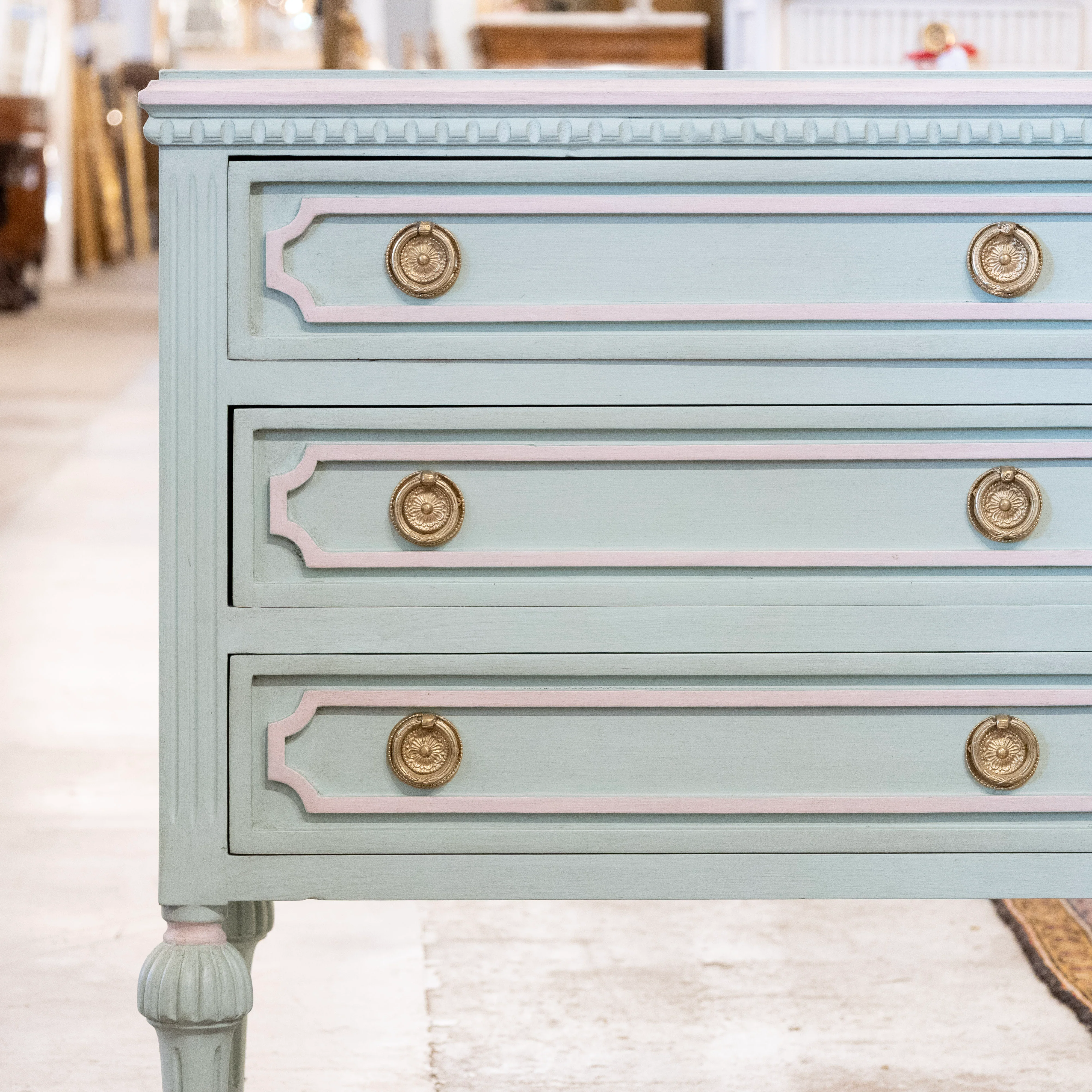 Swedish 3-Drawer Nightstand – Green with Pink Trim & Ballerina Legs - Image 4
