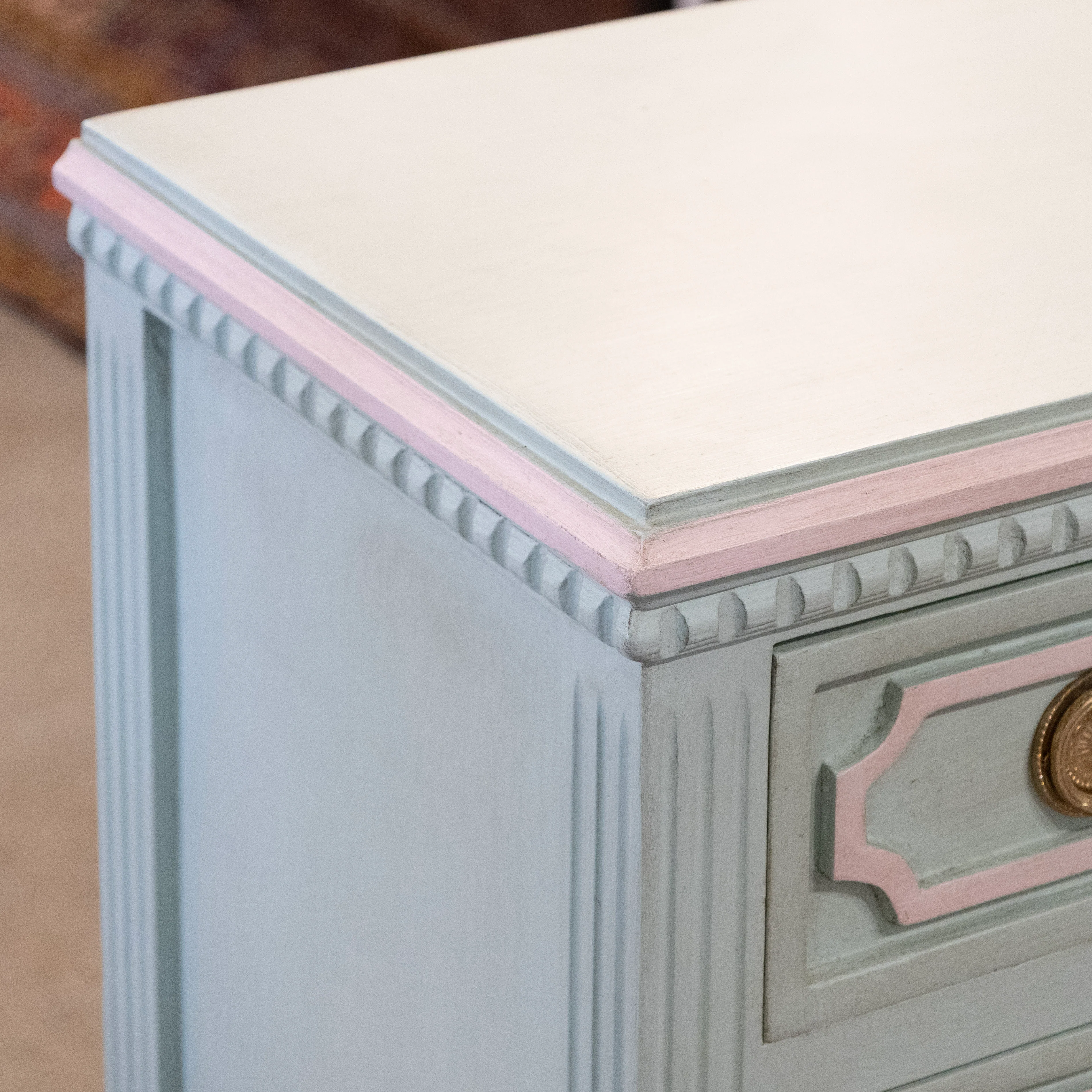 Swedish 3-Drawer Nightstand – Green with Pink Trim & Ballerina Legs - Image 7