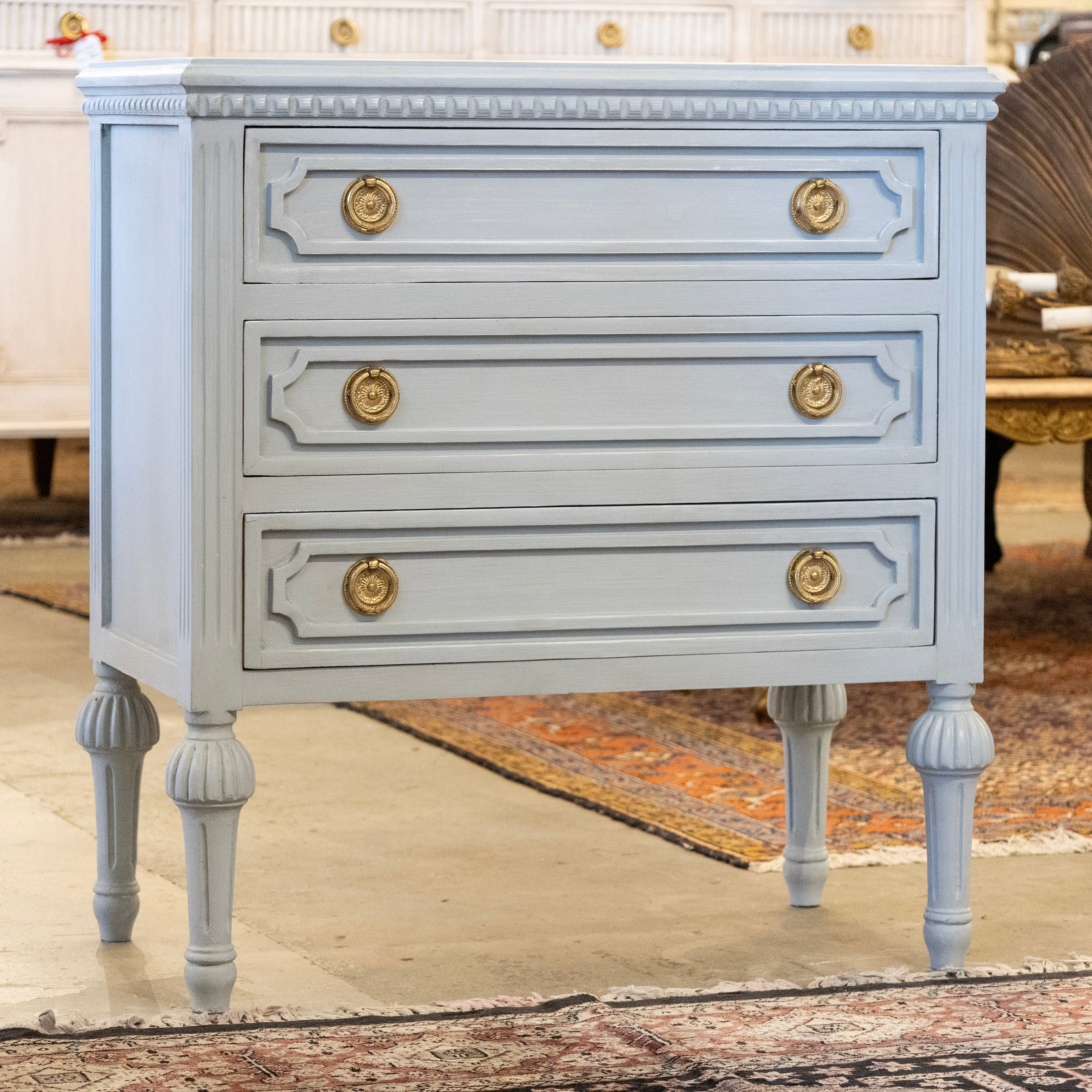 Swedish 3-Drawer Nightstand – Open Block Trim & Ballerina Legs in Blue-Grey - Image 2