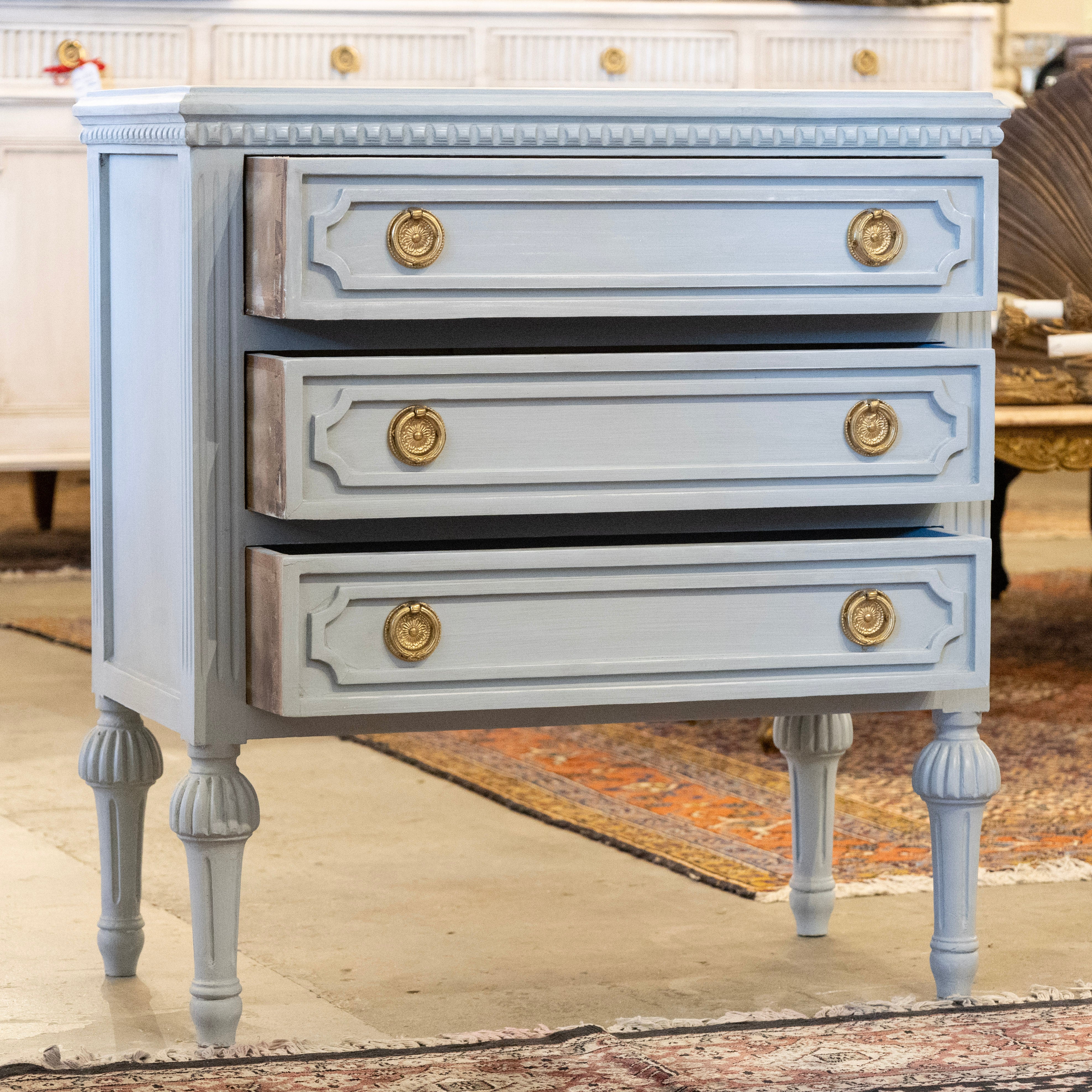 Swedish 3-Drawer Nightstand – Open Block Trim & Ballerina Legs in Blue-Grey - Image 3