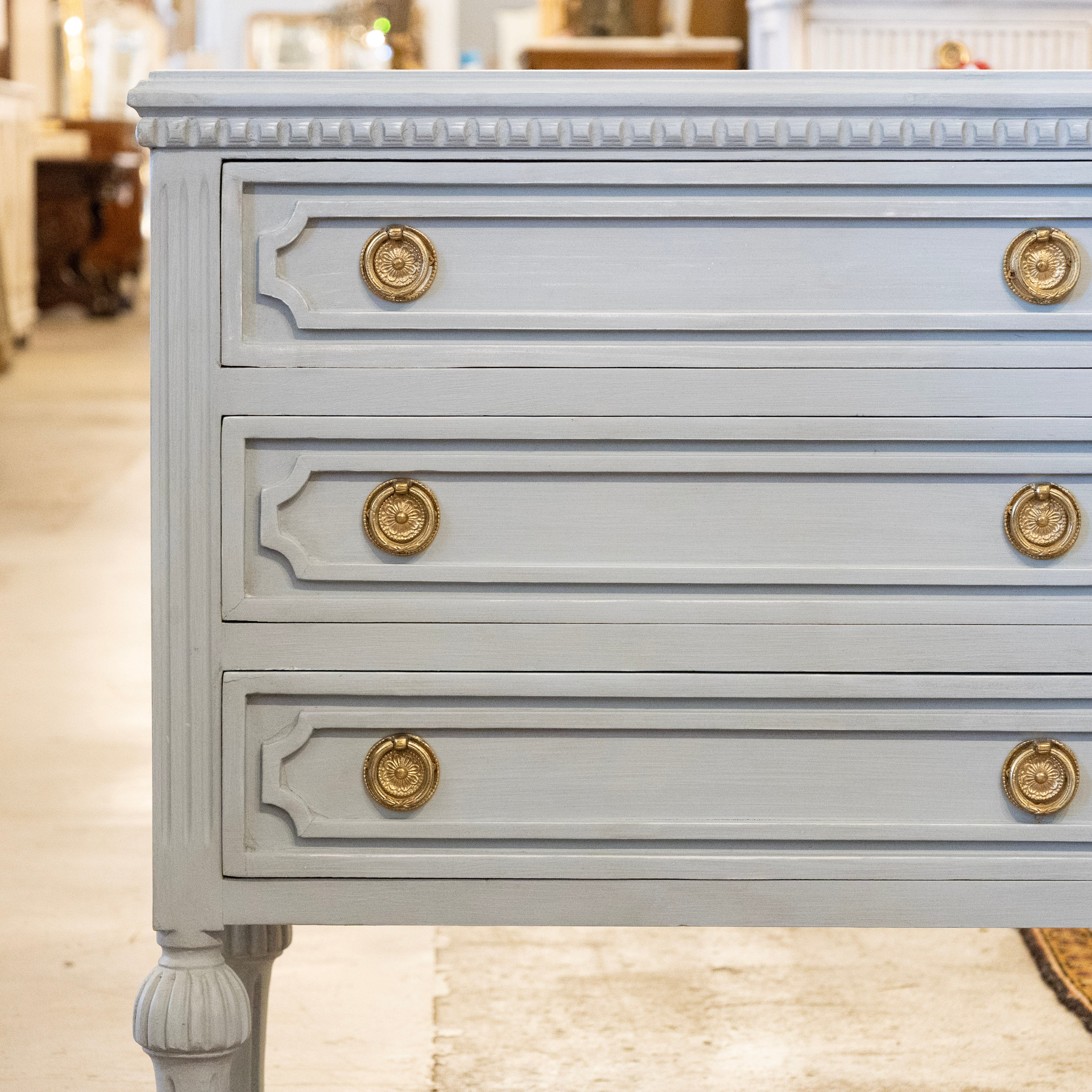 Swedish 3-Drawer Nightstand – Open Block Trim & Ballerina Legs in Blue-Grey - Image 4