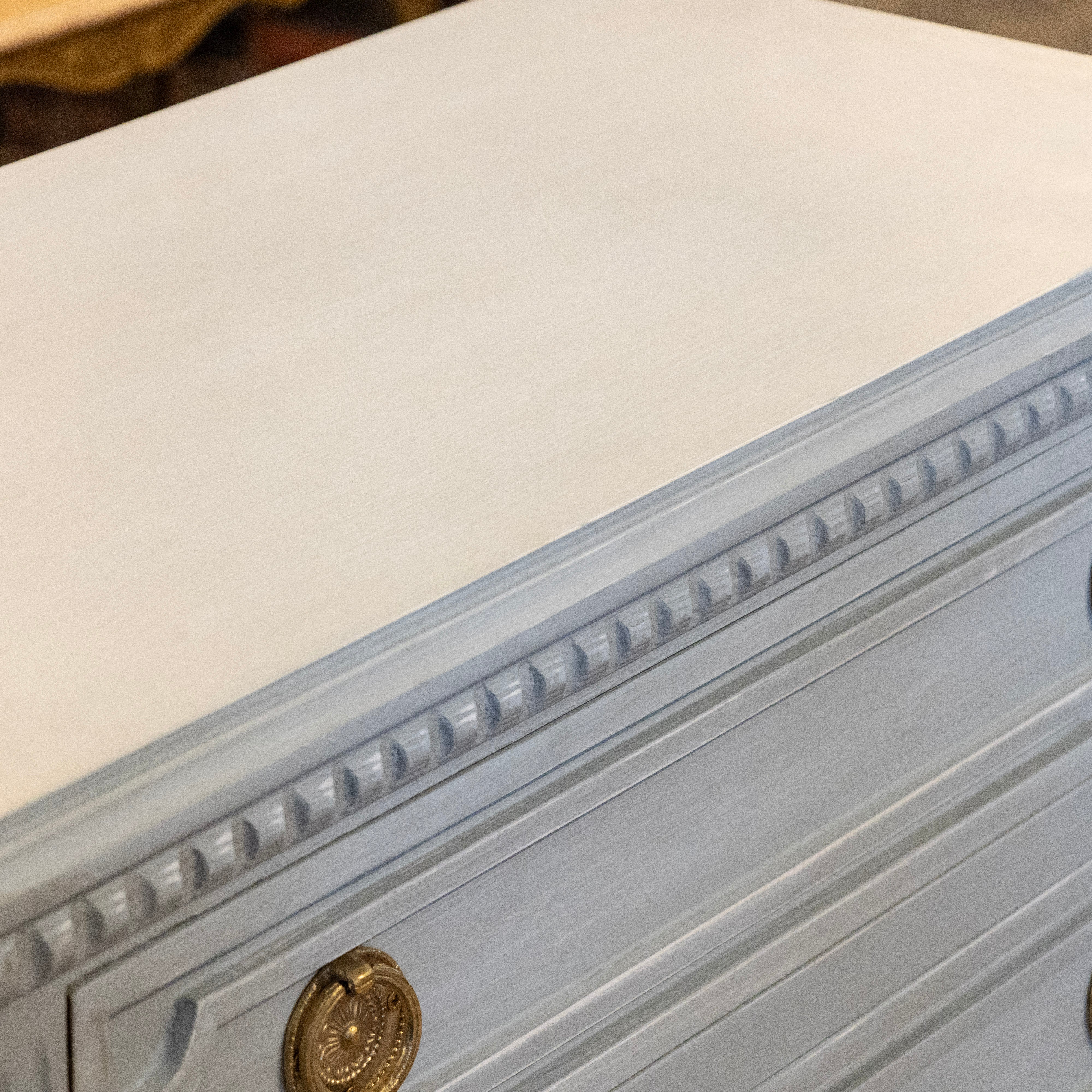 Swedish 3-Drawer Nightstand – Open Block Trim & Ballerina Legs in Blue-Grey - Image 5