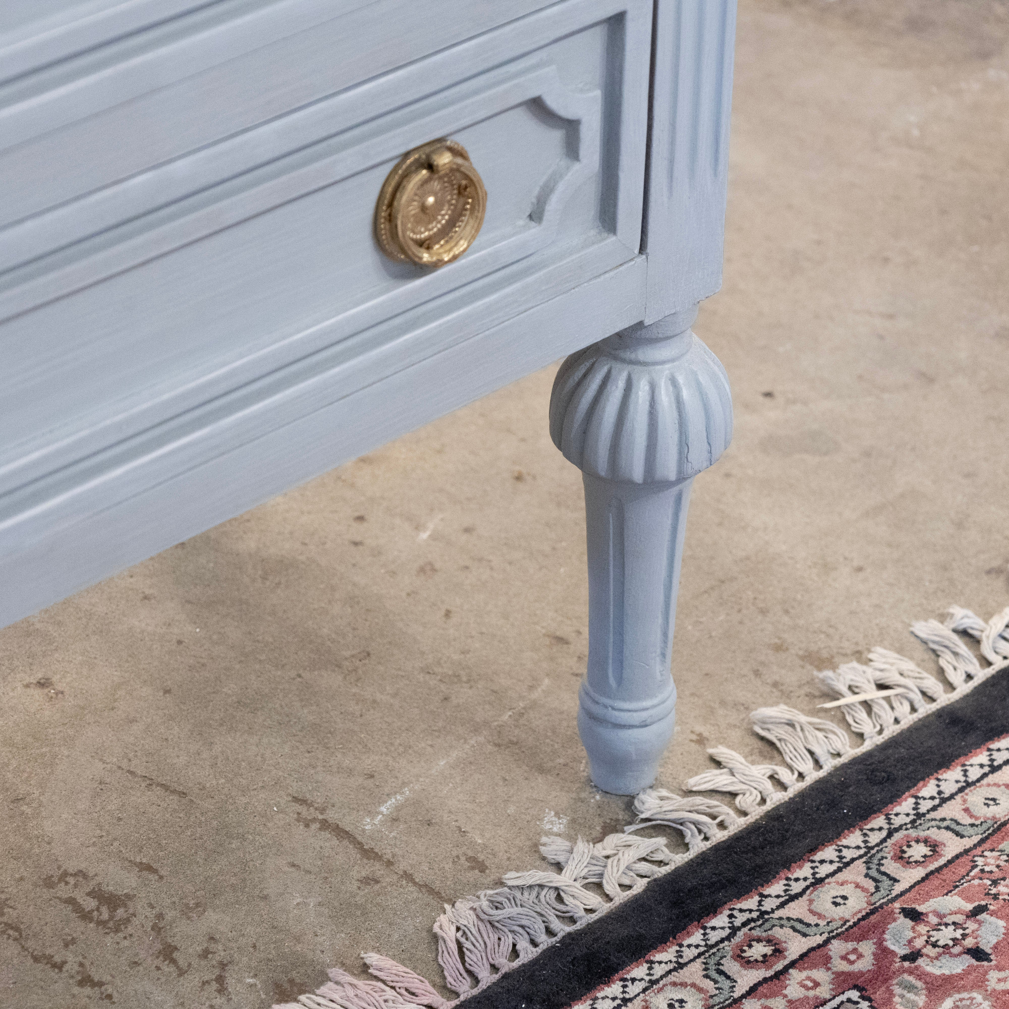 Swedish 3-Drawer Nightstand – Open Block Trim & Ballerina Legs in Blue-Grey - Image 6