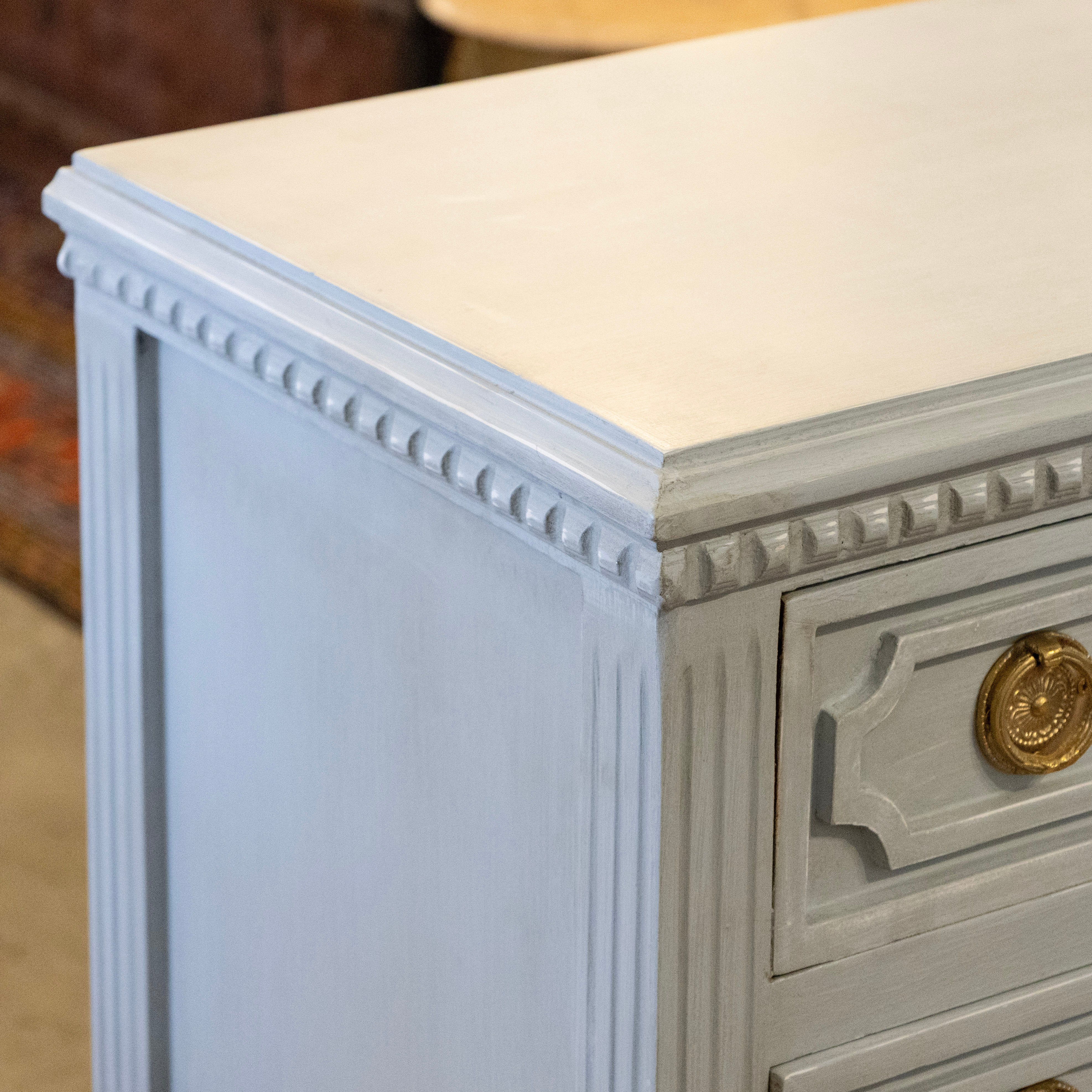 Swedish 3-Drawer Nightstand – Open Block Trim & Ballerina Legs in Blue-Grey - Image 7