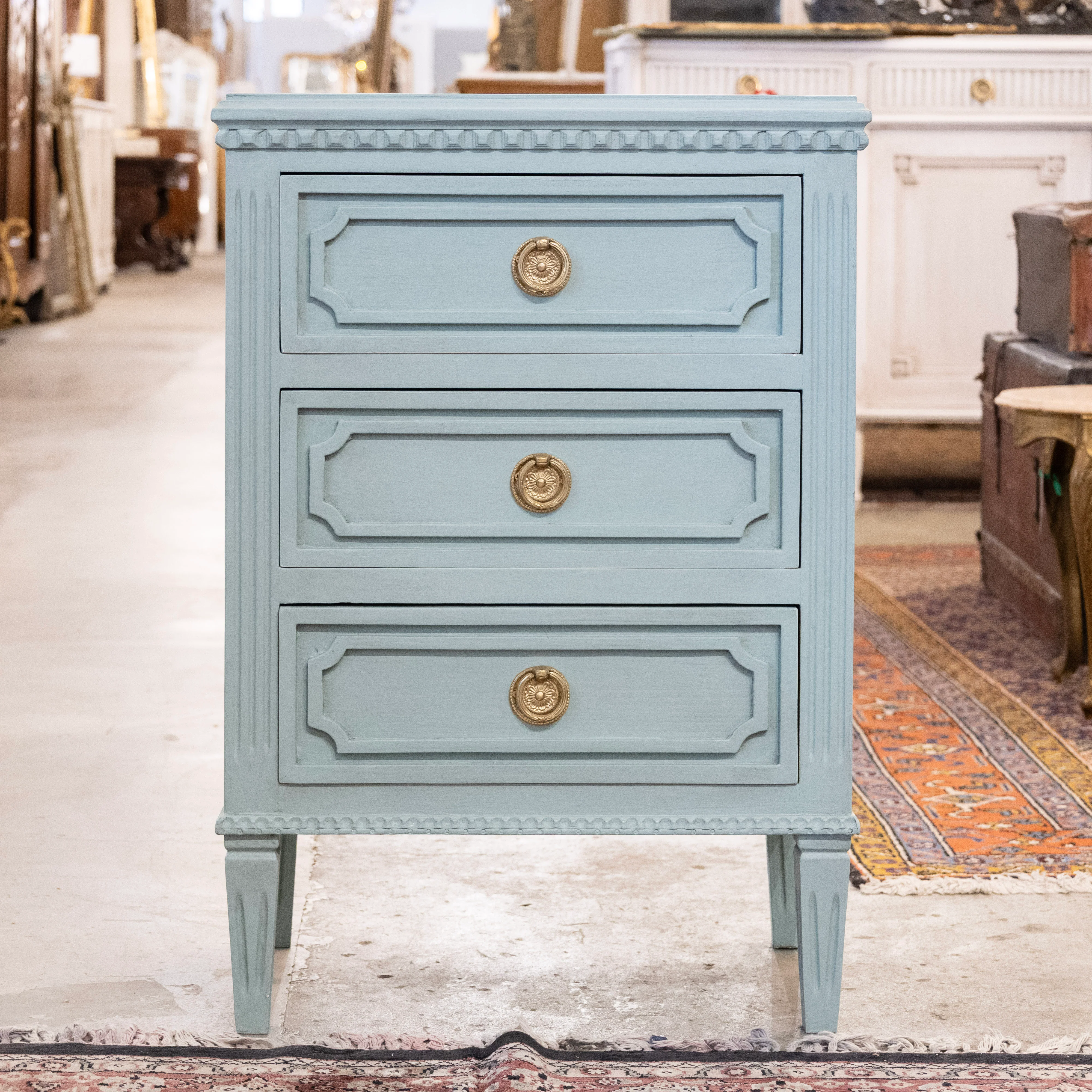 Swedish 3-Drawer Nightstand – Open Block Trim & Fluted Legs in Green