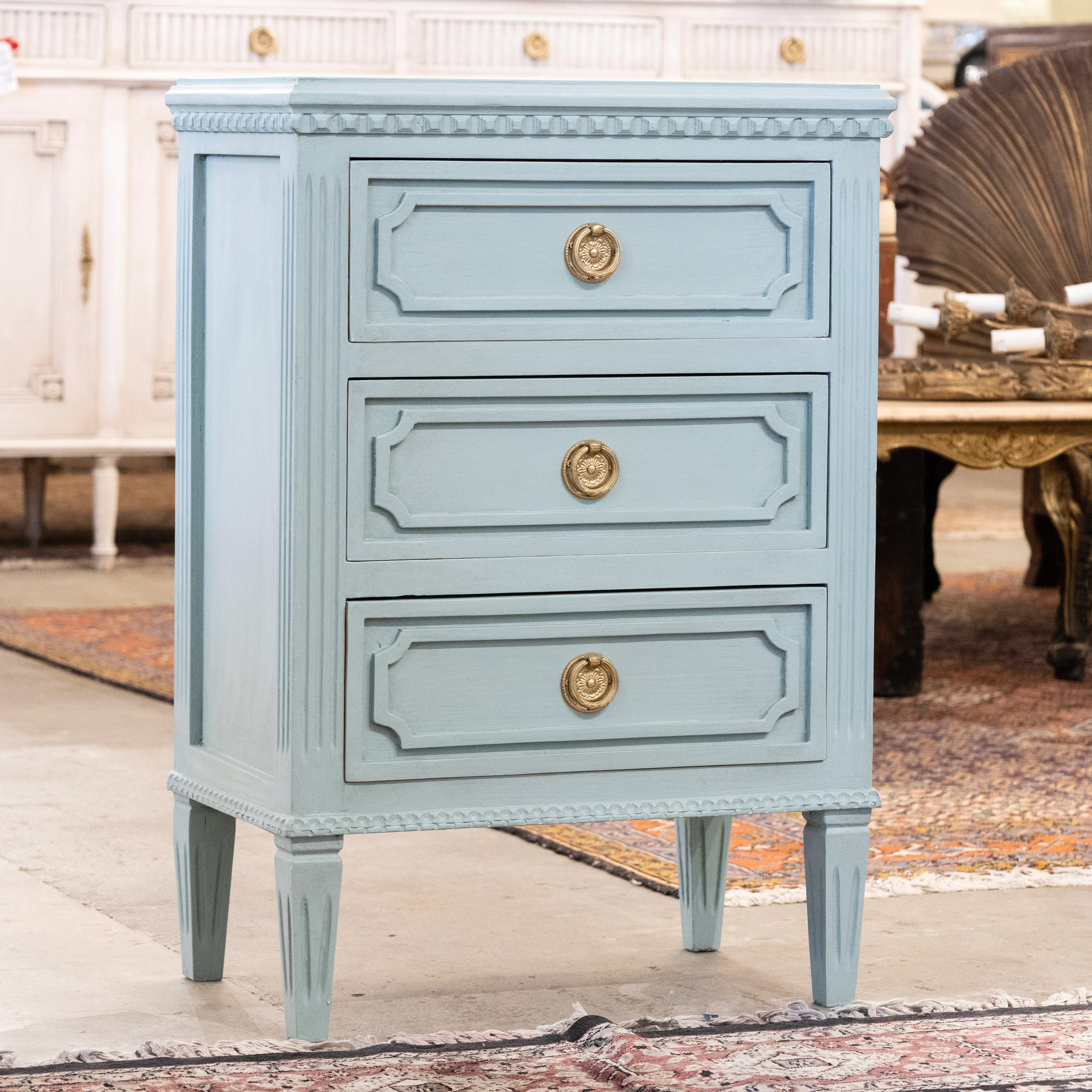 Swedish 3-Drawer Nightstand – Open Block Trim & Fluted Legs in Green - Image 2