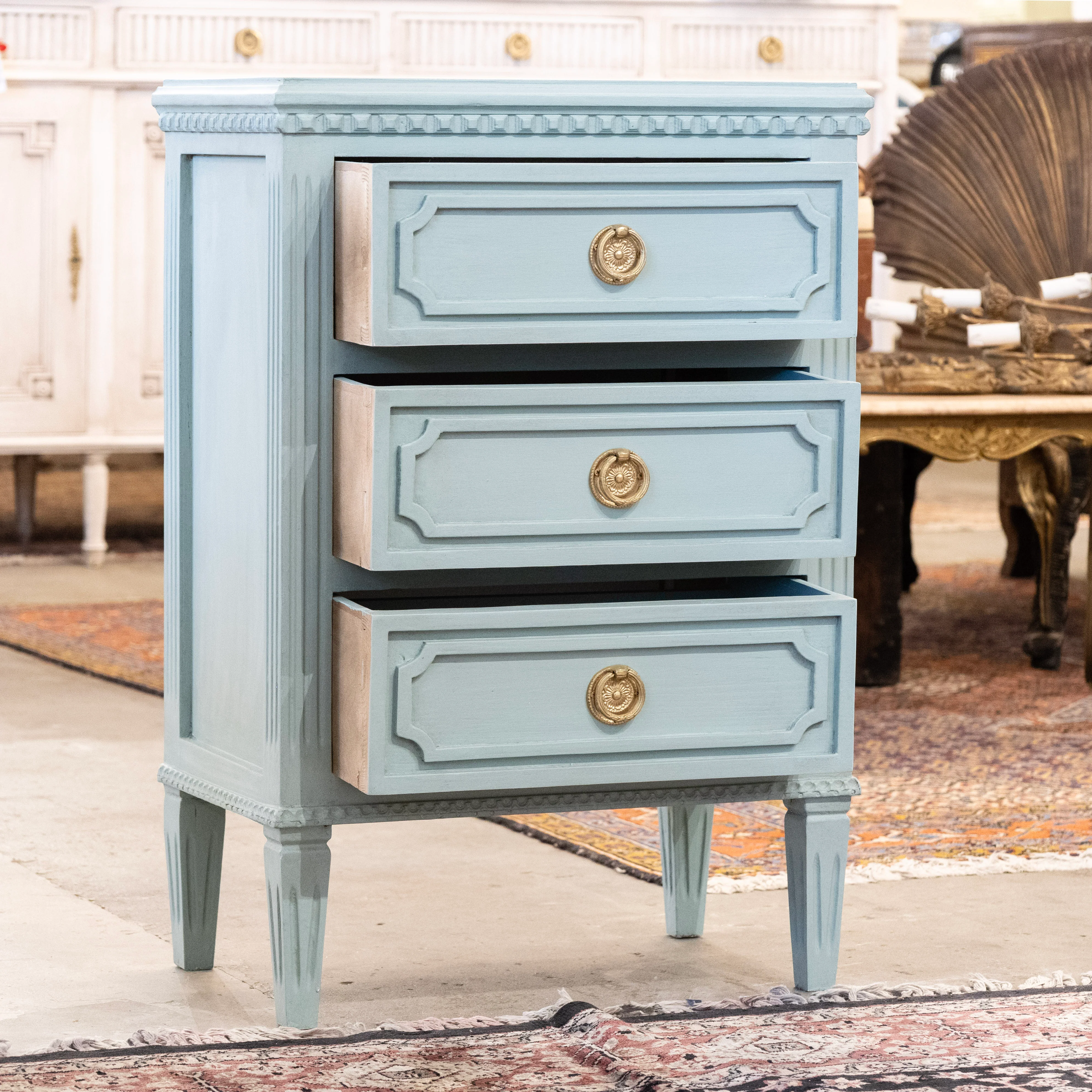 Swedish 3-Drawer Nightstand – Open Block Trim & Fluted Legs in Green - Image 3