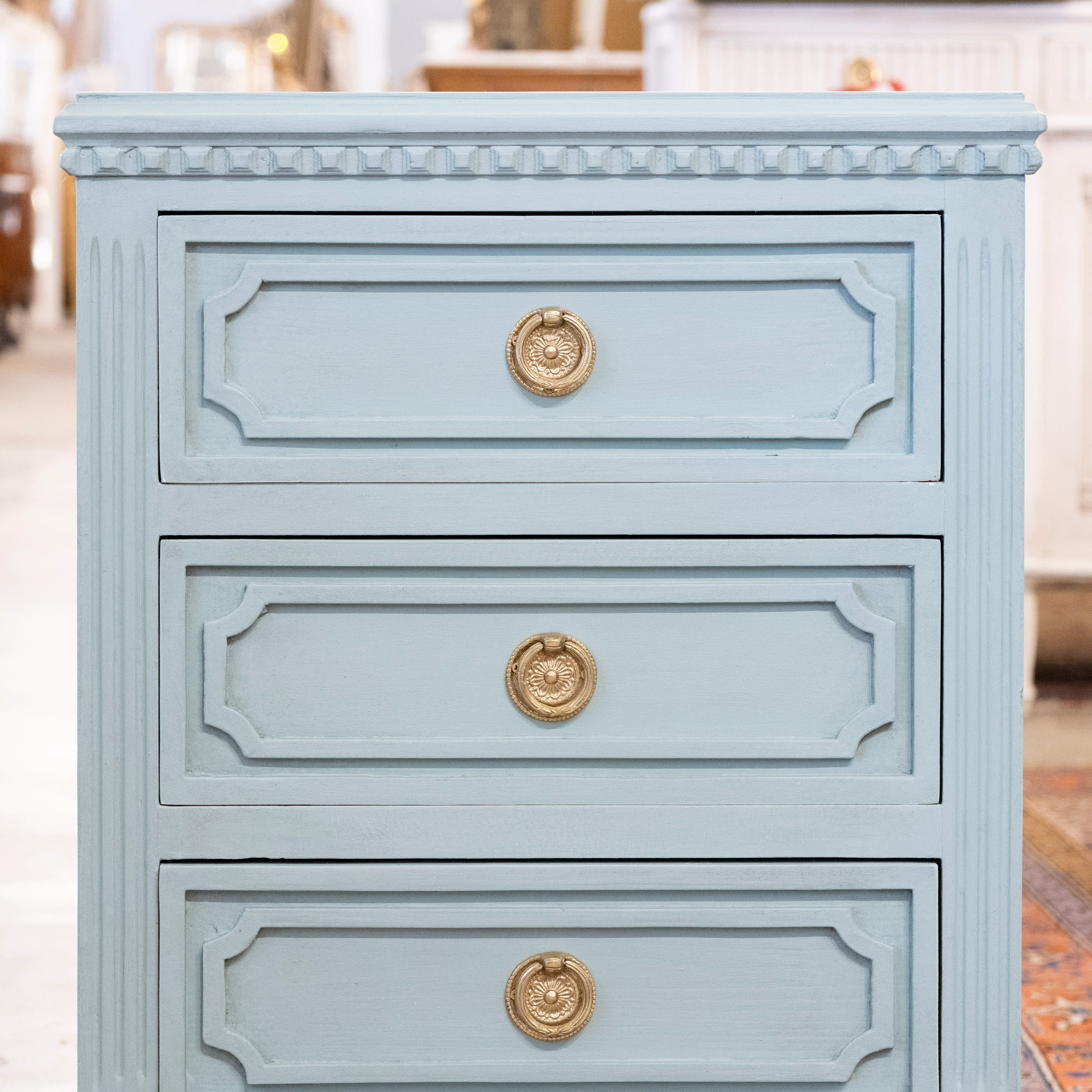 Swedish 3-Drawer Nightstand – Open Block Trim & Fluted Legs in Green - Image 4