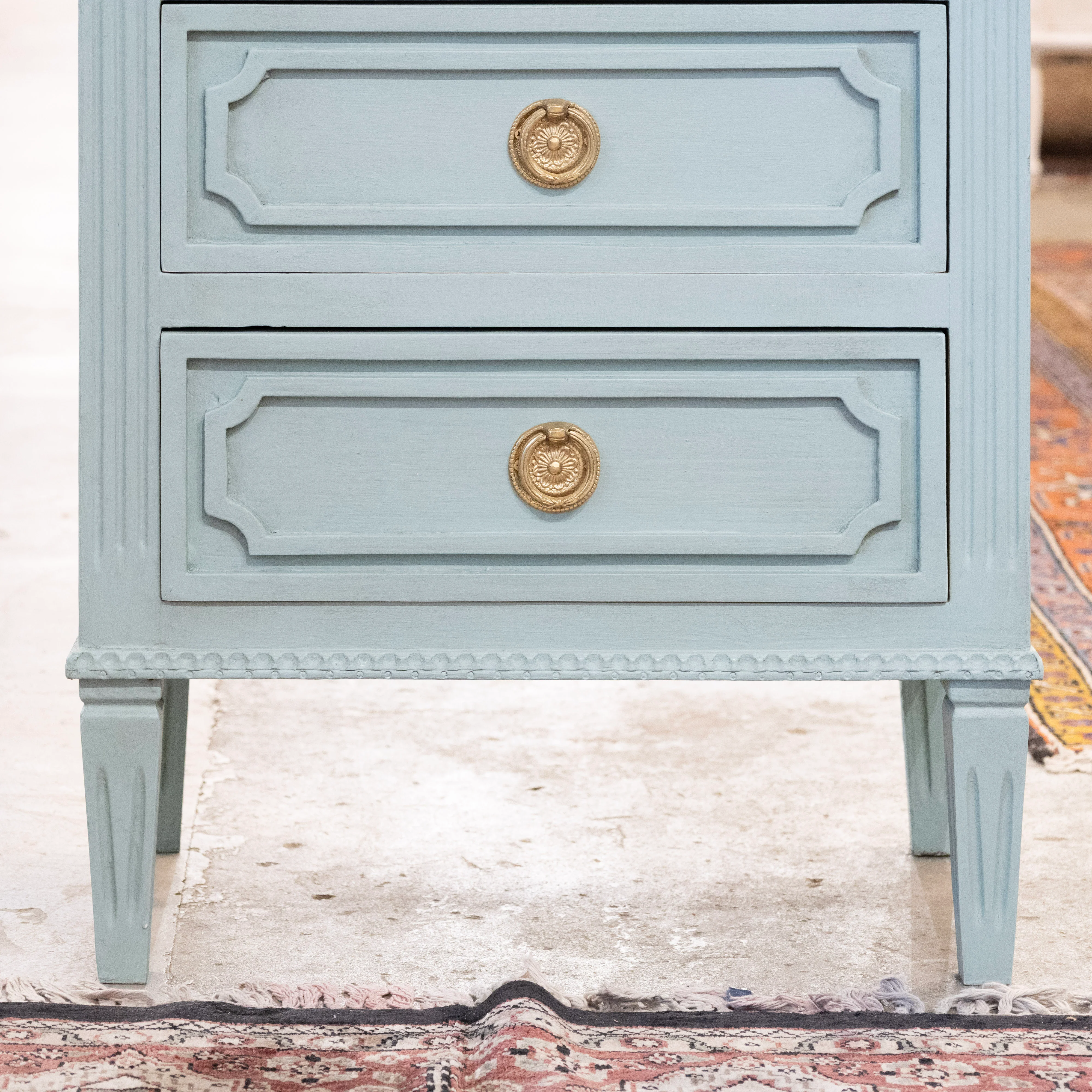 Swedish 3-Drawer Nightstand – Open Block Trim & Fluted Legs in Green - Image 5
