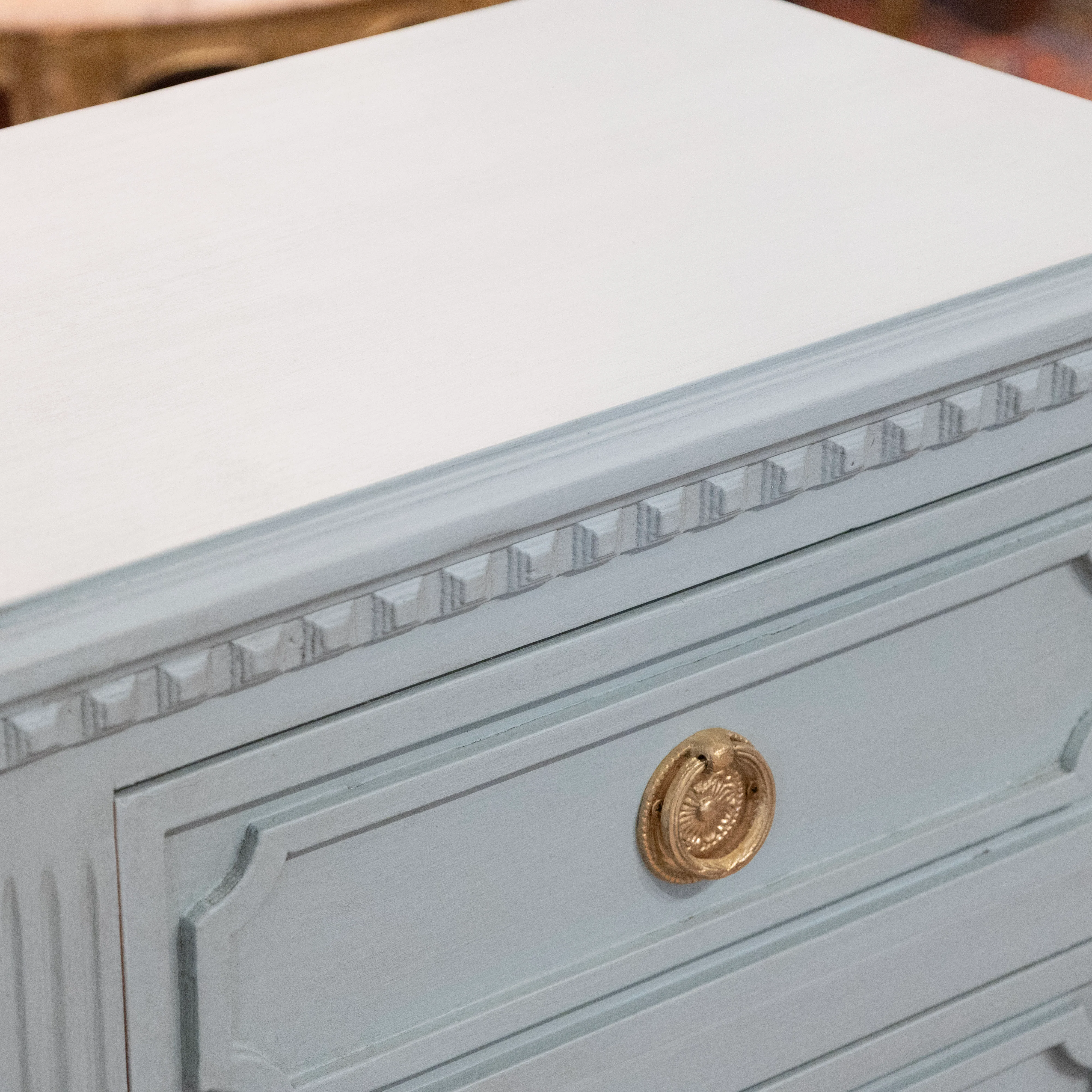 Swedish 3-Drawer Nightstand – Open Block Trim & Fluted Legs in Green - Image 6