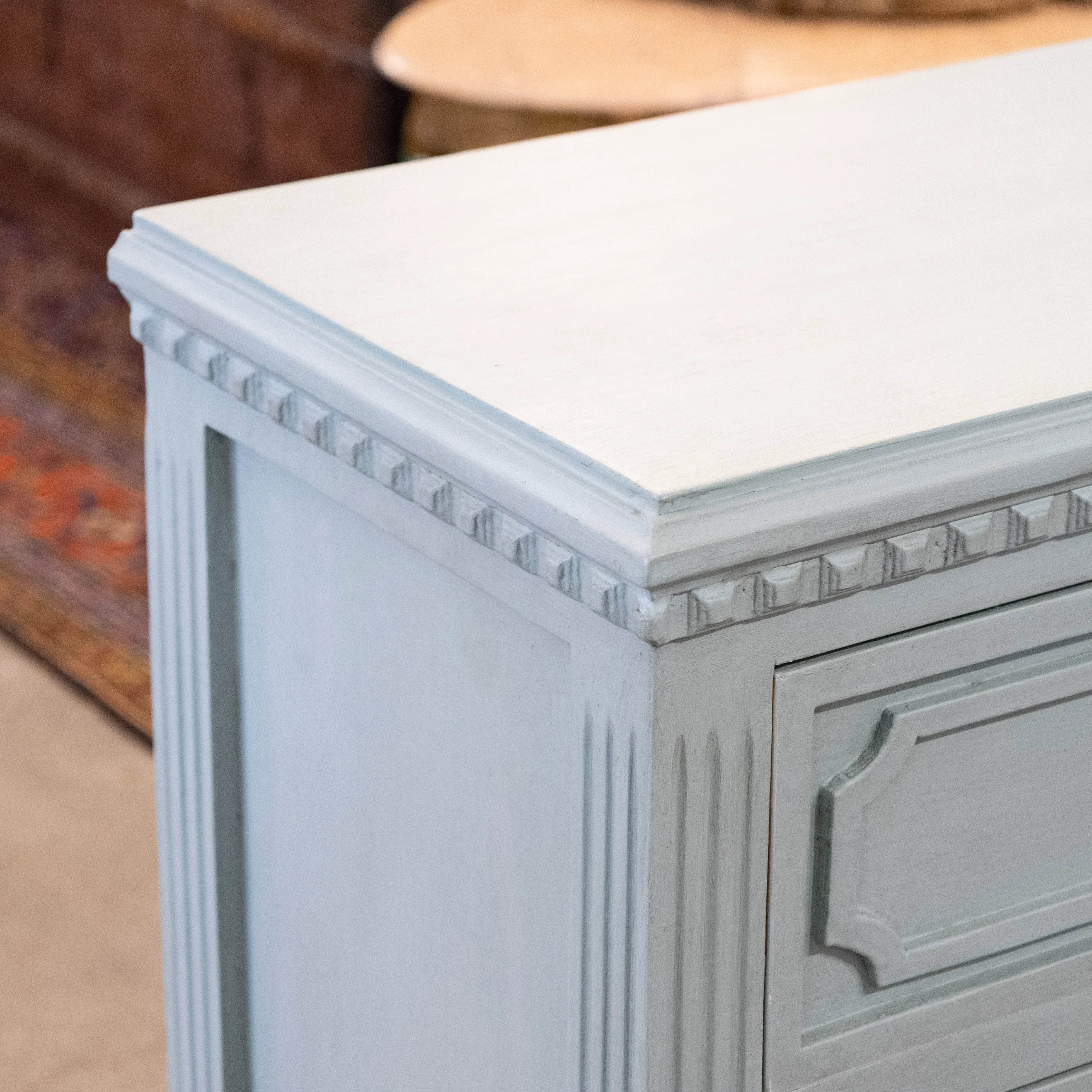 Swedish 3-Drawer Nightstand – Open Block Trim & Fluted Legs in Green - Image 8