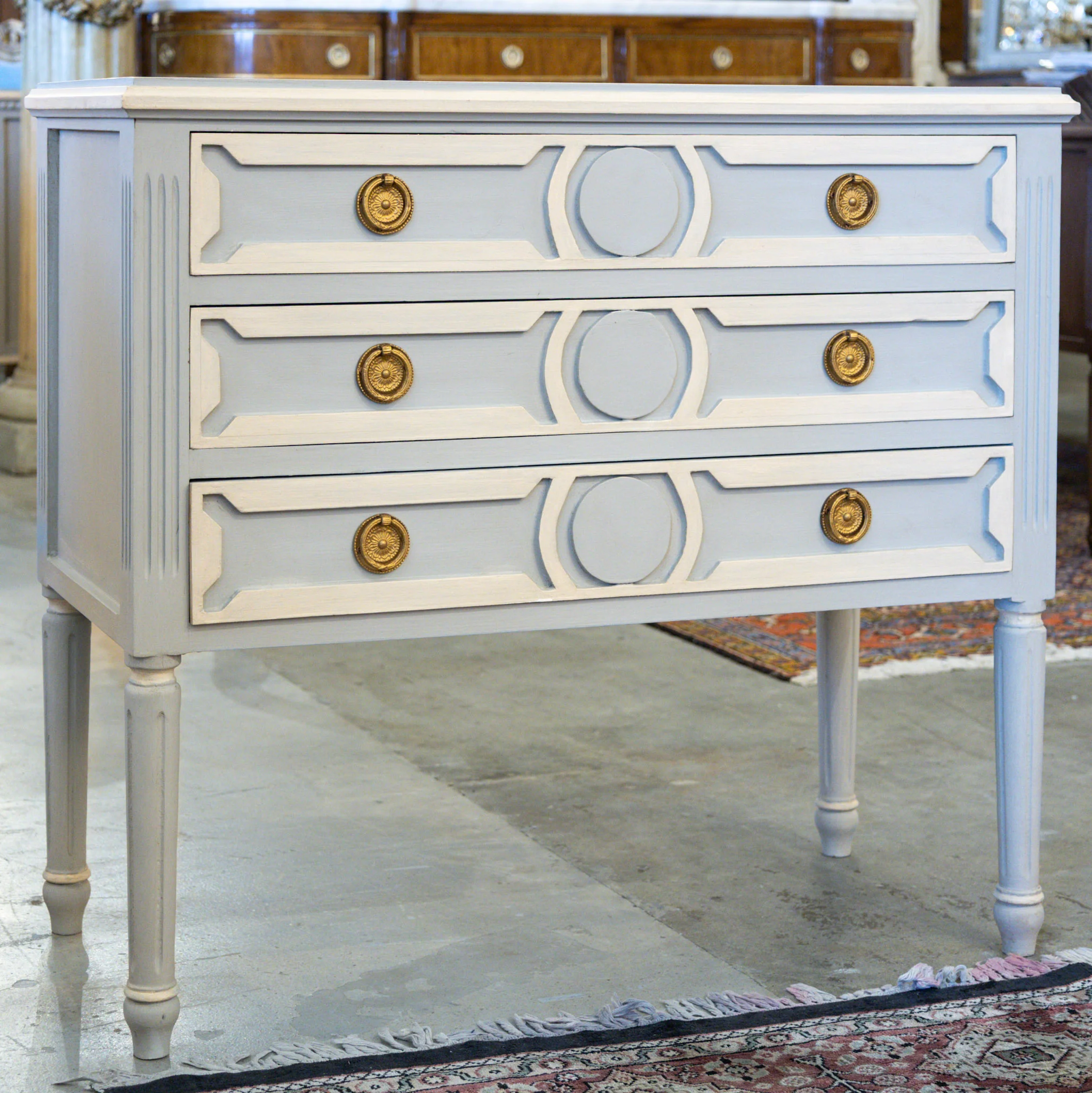 Swedish 3-Drawer Nightstand – Open Carved White Circle Trim & Brass Pulls in Blue