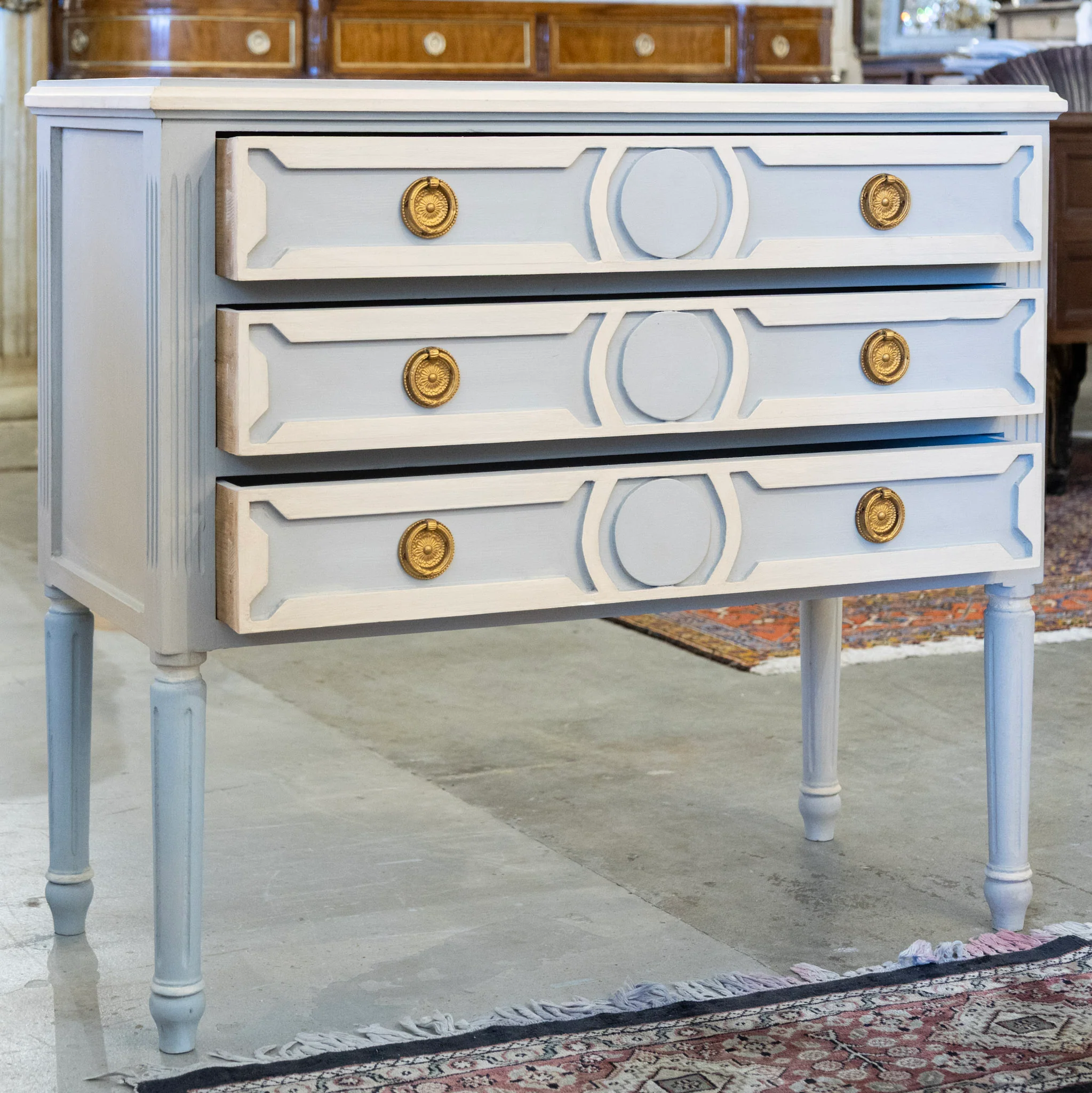 Swedish 3-Drawer Nightstand – Open Carved White Circle Trim & Brass Pulls in Blue - Image 2