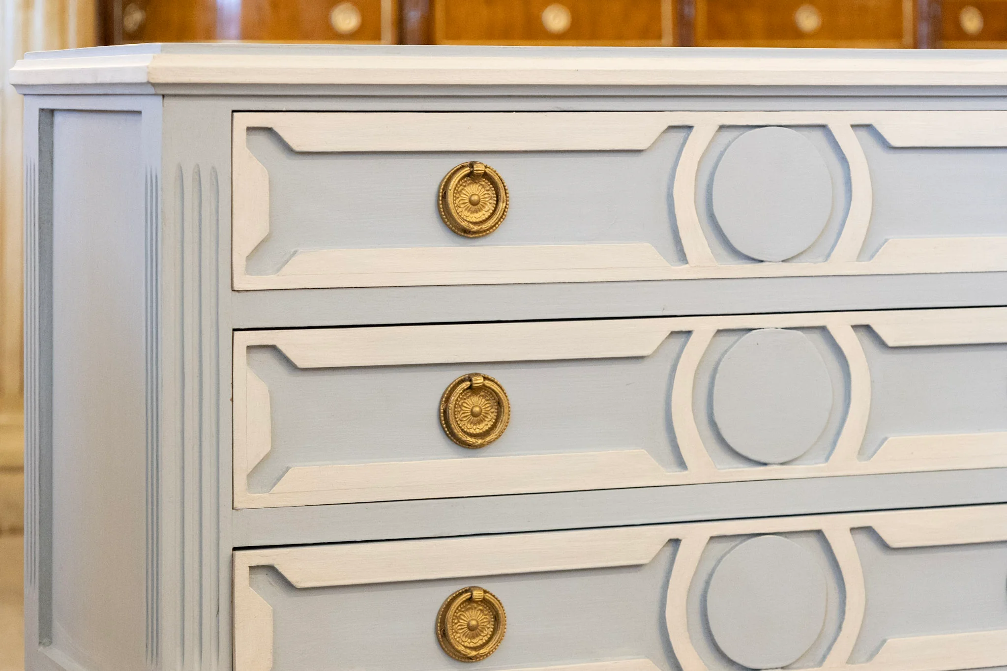 Swedish 3-Drawer Nightstand – Open Carved White Circle Trim & Brass Pulls in Blue - Image 4