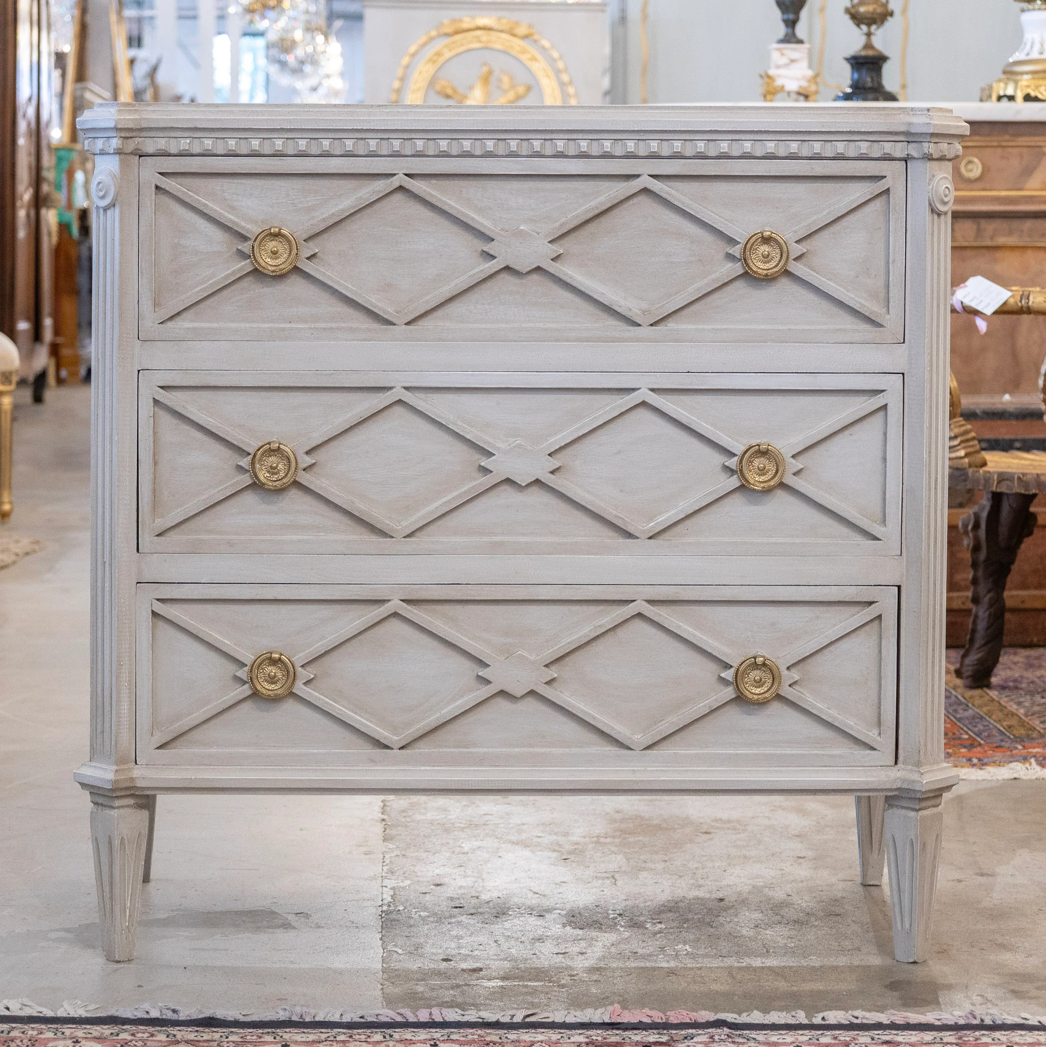 Swedish 3-Drawer Nightstand – Open Diamond Trim in Distressed Grey