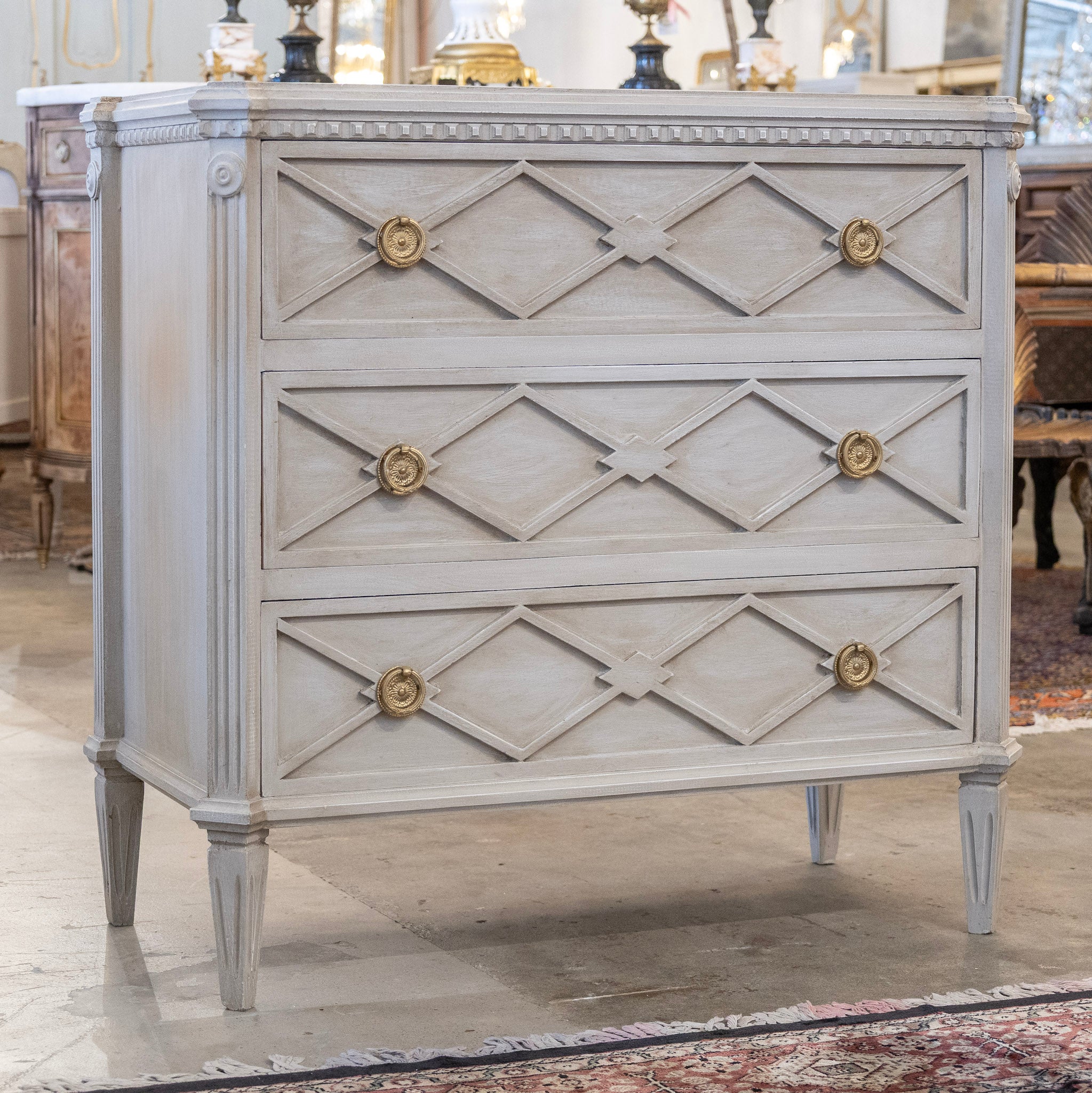 Swedish 3-Drawer Nightstand – Open Diamond Trim in Distressed Grey - Image 2