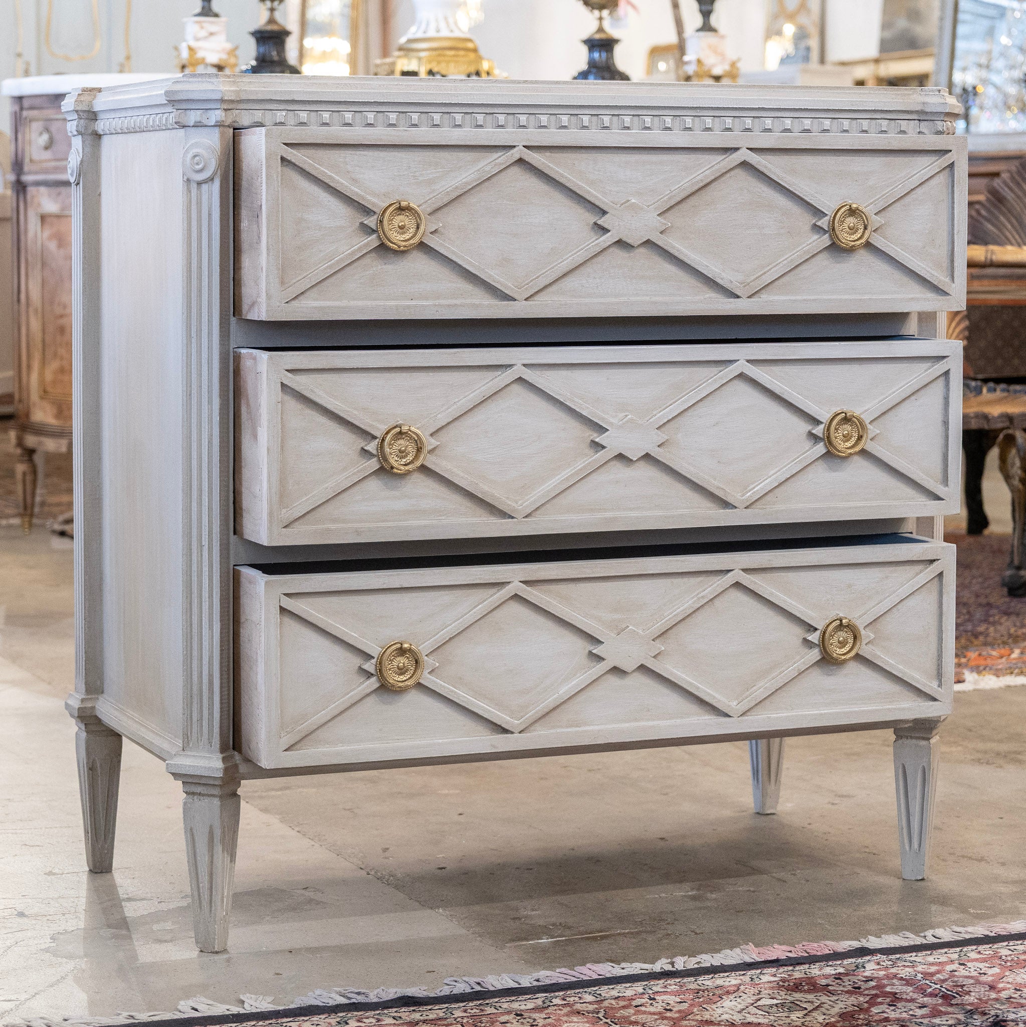 Swedish 3-Drawer Nightstand – Open Diamond Trim in Distressed Grey - Image 3