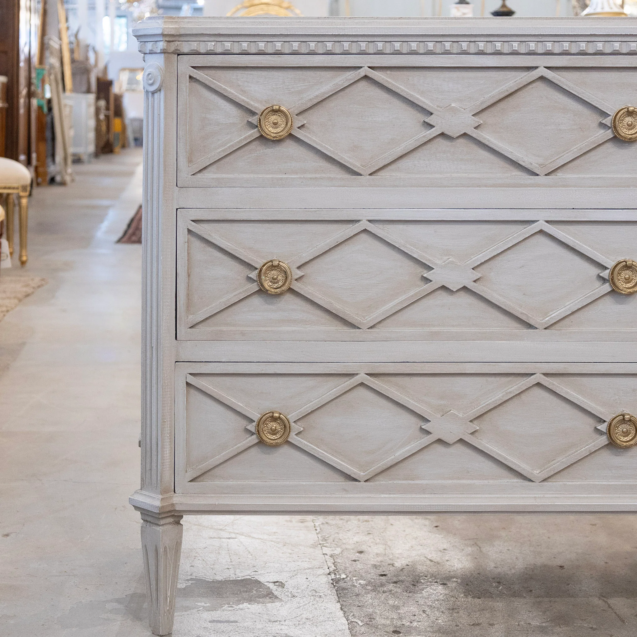 Swedish 3-Drawer Nightstand – Open Diamond Trim in Distressed Grey - Image 4