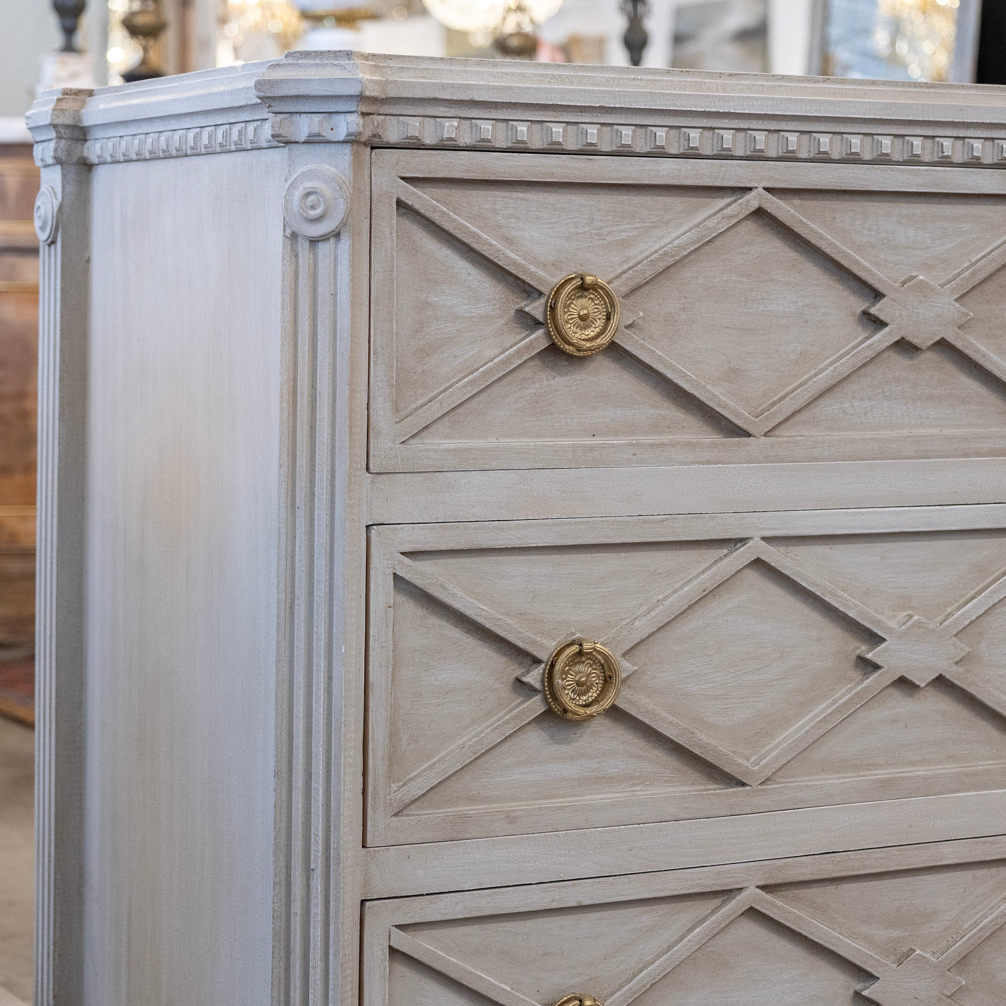 Swedish 3-Drawer Nightstand – Open Diamond Trim in Distressed Grey - Image 6
