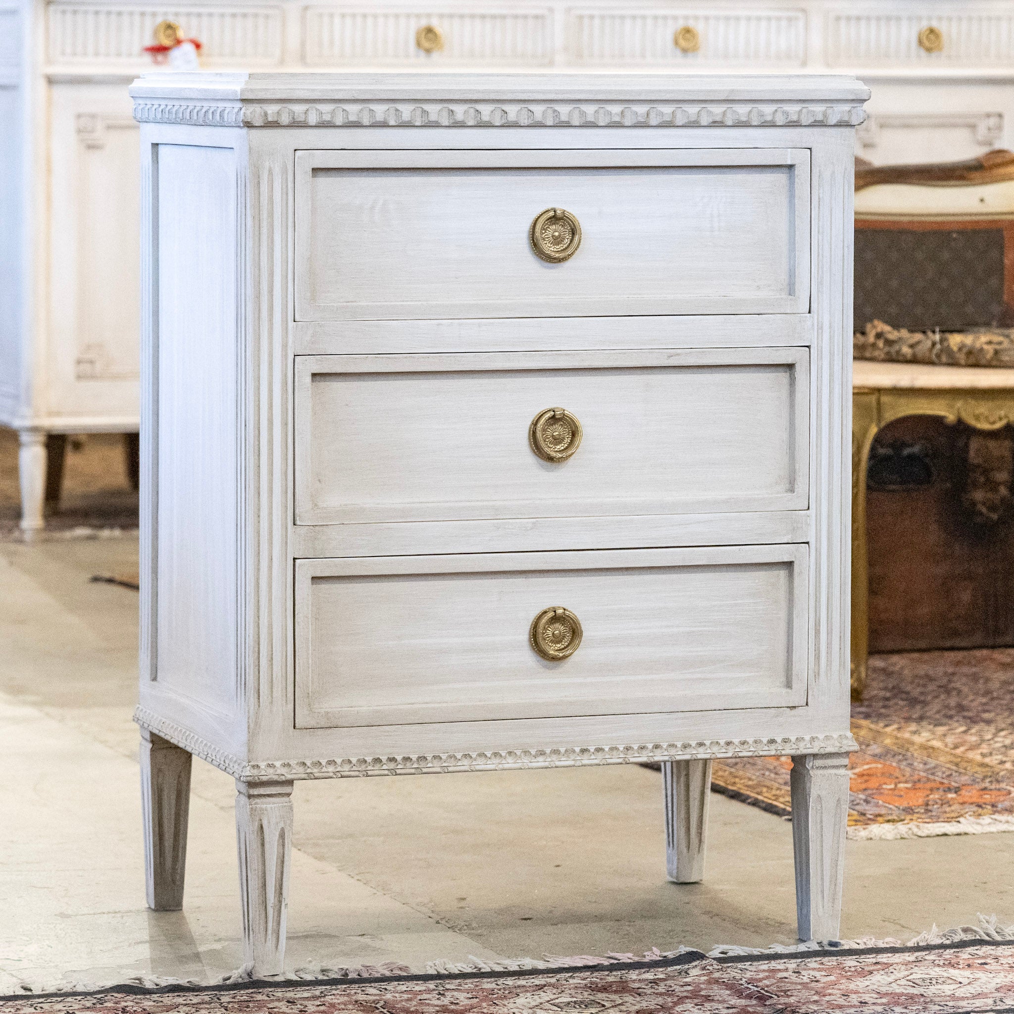 Swedish 3-Drawer Nightstand – Plain Trim in Distressed Antique White - Image 2